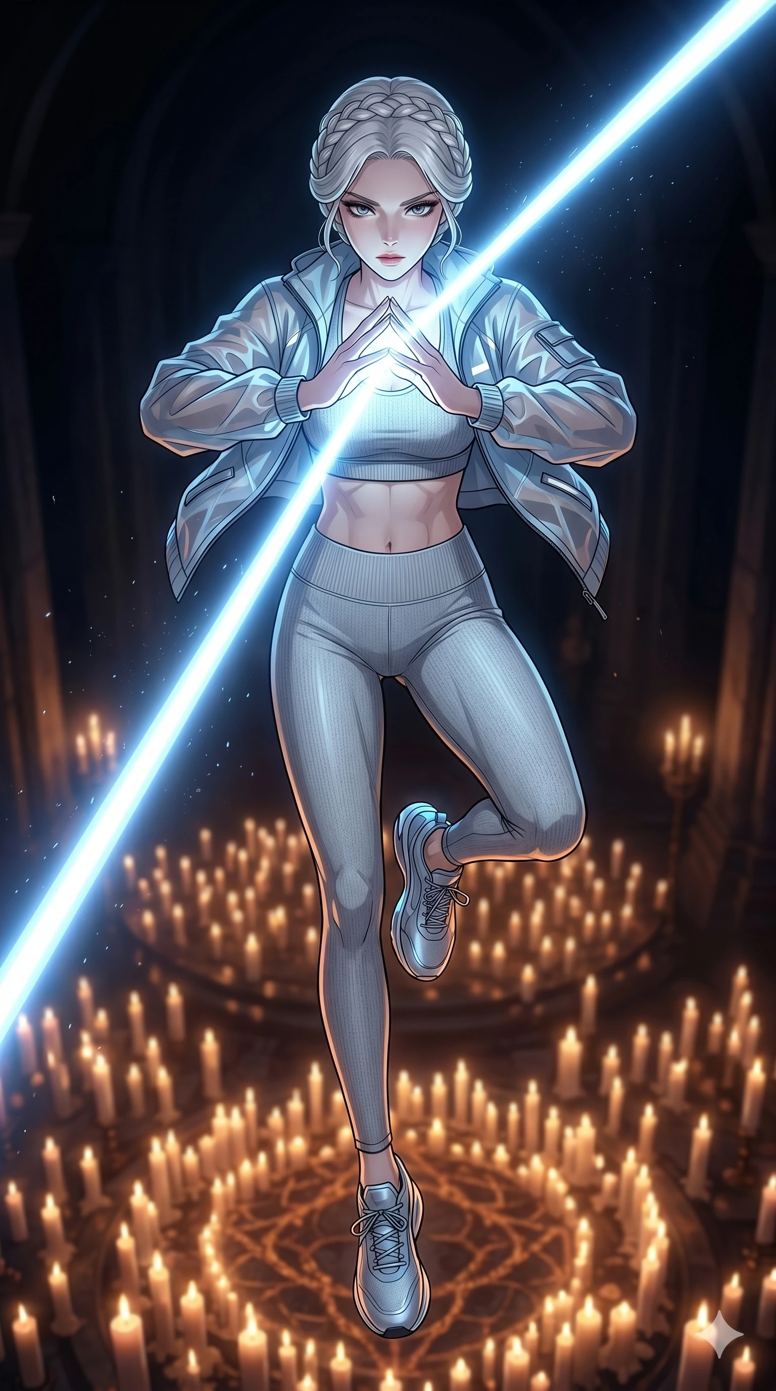 score_9, masterpiece, best quality, ultra-detailed, high-budget anime movie keyframe, cinematic anime lighting, intricate line art, Korean anime girl. Extreme high angle shot as she leaps towards the camera, filling the frame. manipulating the light of a thousand candles to form a laser. She has an absolutely perfect 8-heads proportion, an exceptionally tall and slender female figure with an ultra-slim waist and impossibly long slender legs. strictly human anatomy, two legs only, no extra limbs, clearly defined legs and arms, perfect anatomy, perfect hands and fingers. sharp v-shaped jawline, high-bridge nose, intricate jewel-like eyes, thick eyelashes, glossy lips. Wearing Premium Athleisure: Ribbed sports bra and leggings set, sheer windbreaker, and sleek high-performance activewear. The scene is illuminated by dramatic atmospheric lighting and vibrant color palettes. , 2k, ultra detail, master piece, 9:16 ratio