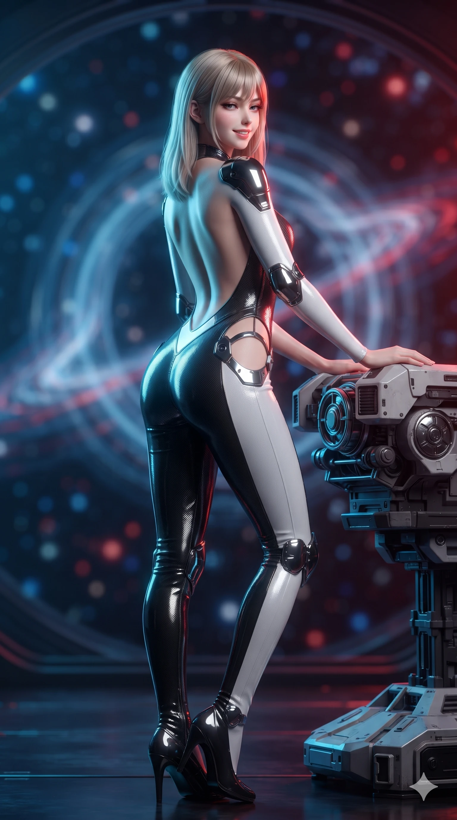 score_9, masterpiece, best quality, ultra-detailed, high-budget anime keyframe, editorial fashion photography, tasteful artistic composition, Japanese woman. low angle full-body shot from head to toe showing her feet, filling the entire 9:16 vertical frame with her statuesque presence, stretching her vertical silhouette. posing in a classic haute-couture S-curve stance beside the panoramic viewport, looking over a bare shoulder with magnetic presence while leaning against the quantum sensor pod with hips cocked back, looking through the warped spacetime window with heavy-lidded smoldering bedroom-eyes. The background shows a soft-focus warped gravitational lensing rings, blue and crimson Doppler-shifted plasma waves, and distant star clusters blurred into sapphire, ruby, and obsidian bokeh. She has an absolutely perfect, statuesque 8.5-heads proportion, an exceptionally tall and slender model-like female figure with impossibly long slender legs, an ultra-slim waist, a flat toned midriff, narrow delicate ribcage, and beautifully sculpted feminine hips creating a graceful, slim hourglass silhouette without any bulky heaviness. sharp v-shaped jawline, high-bridge nose, intricate jewel-like sparkling eyes with depth, thick eyelashes, glossy parted lips with a natural sheen, bright confident smile with an enchanting and coquettish sensual glint, exuding both youthful magnetic charm and sovereign high-tech allure, flawlessly proportioned anatomical accuracy, strict slender model proportions, natural body alignment, perfectly sculpted long slender limbs, ultra-slim waistline, clean dynamic posture without body distortion. wearing an alluring backless liquid titanium halterneck jumpsuit with deep scoop back down to her lower spine and hip ventilation slits in dual-tone high-contrast monochrome black and stark white, crafted from stretch micro-mesh with liquid foil coating that shimmers with every movement, accented with strategically placed chrome armor plate guards covering key curves, the bespoke structured tailoring following the natural line of her 8.5-heads silhouette with refined elegance. bathed in dramatic split relativistic lighting: blazing electric cyan on the approaching side and fiery crimson on the receding side. ultra-reflective glossy finish, specular highlights, rich textural contrasts, high-contrast stereoscopic depth, volumetric dynamic lighting, 2k, ultra detail, master piece, 9:16 ratio