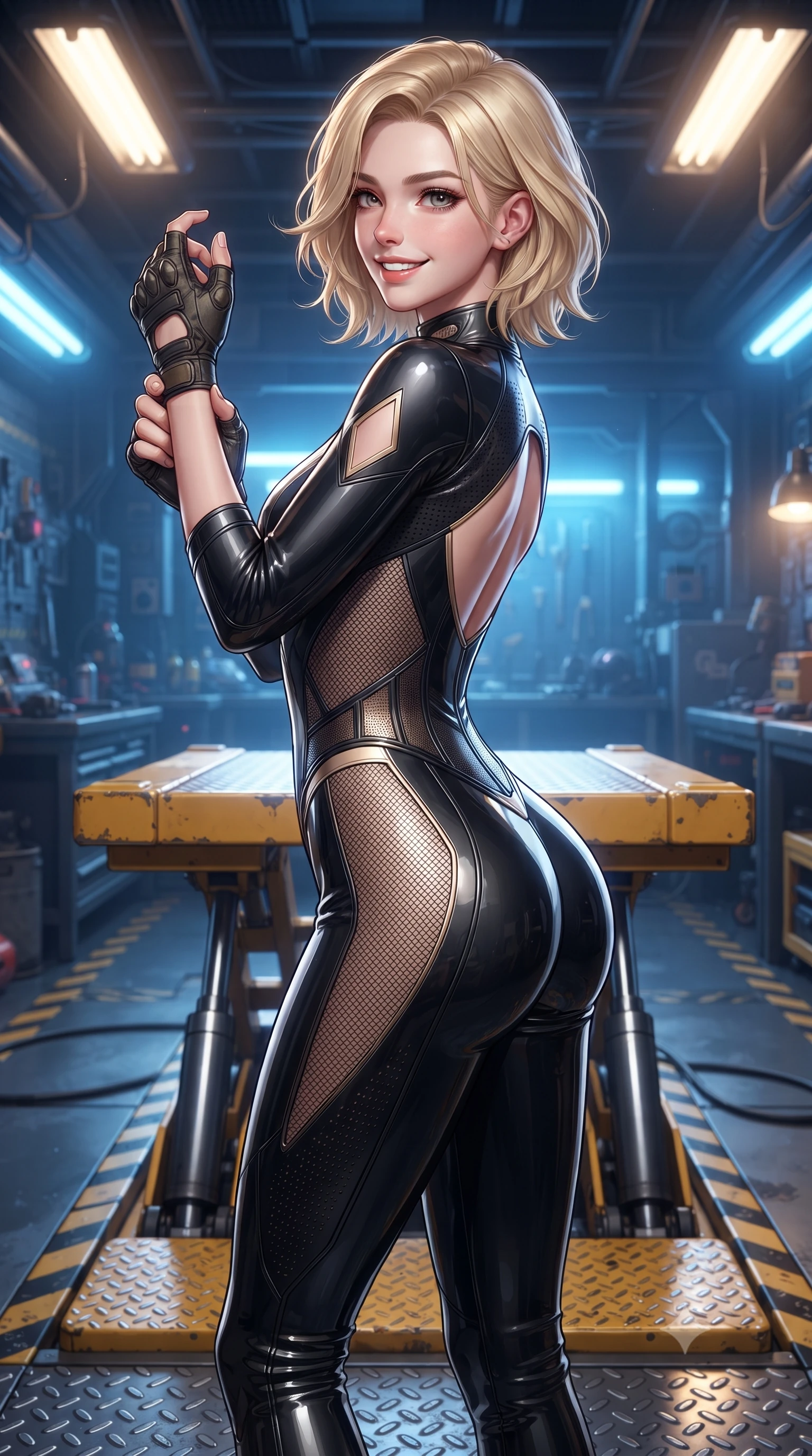 score_9, masterpiece, best quality, ultra-detailed, high-budget anime keyframe, editorial fashion photography, tasteful artistic composition, Caucasian woman. close-up cowboy shot from the waist and thighs up, the character dominates the composition, filling the frame with her large presence. adjusting her tactical glove with cool confidence, her bright smile capturing fresh girlhood charm while her arched torso reveals an intoxicating hip contour while standing poised on a yellow hydraulic lift platform with hips cocked back, looking over her shoulder with an intoxicating mechanic allure. The surrounding environment is rendered in vivid detail and crisp panoramic clarity: sharp hydraulic cylinder chrome rods, armored plating weld seams, and hazard stripe floor textures in deep focus. She has an exceptionally elegant, slender, and willowy female figure with an ultra-slim waist, flat toned midriff, narrow ribcage, and sculpted feminine hips creating an alluring, slim hourglass silhouette without bulk. sharp v-shaped jawline, high-bridge nose, intricate jewel-like sparkling eyes with depth, thick eyelashes, glossy parted lips with a natural sheen, bright confident smile with an enchanting and coquettish sensual glint, exuding both youthful magnetic charm and sovereign high-tech allure, flawlessly proportioned anatomical accuracy, strict slender model proportions, natural body alignment, perfectly sculpted long slender limbs, ultra-slim waistline, clean dynamic posture without body distortion. wearing a futuristic cut-out nano-suit with diamond-shaped side-torso mesh insets tracing her slim hourglass curves in glossy onyx black and warm champagne gold hardware, made of high-grade ballistic nylon with precision laser-cut perforations, finished with delicate carbon-fiber boning framing the narrow waistline, the precision-cut side openings and low-back scoop framing her graceful spine and the sensual sweep of her slim, toned hips. bathed in high-intensity arc-welding blue light pulses contrasting with warm halogen overhead lamps. ultra-reflective glossy finish, specular highlights, rich textural contrasts, high-contrast stereoscopic depth, volumetric dynamic lighting, 2k, ultra detail, master piece, 9:16 ratio