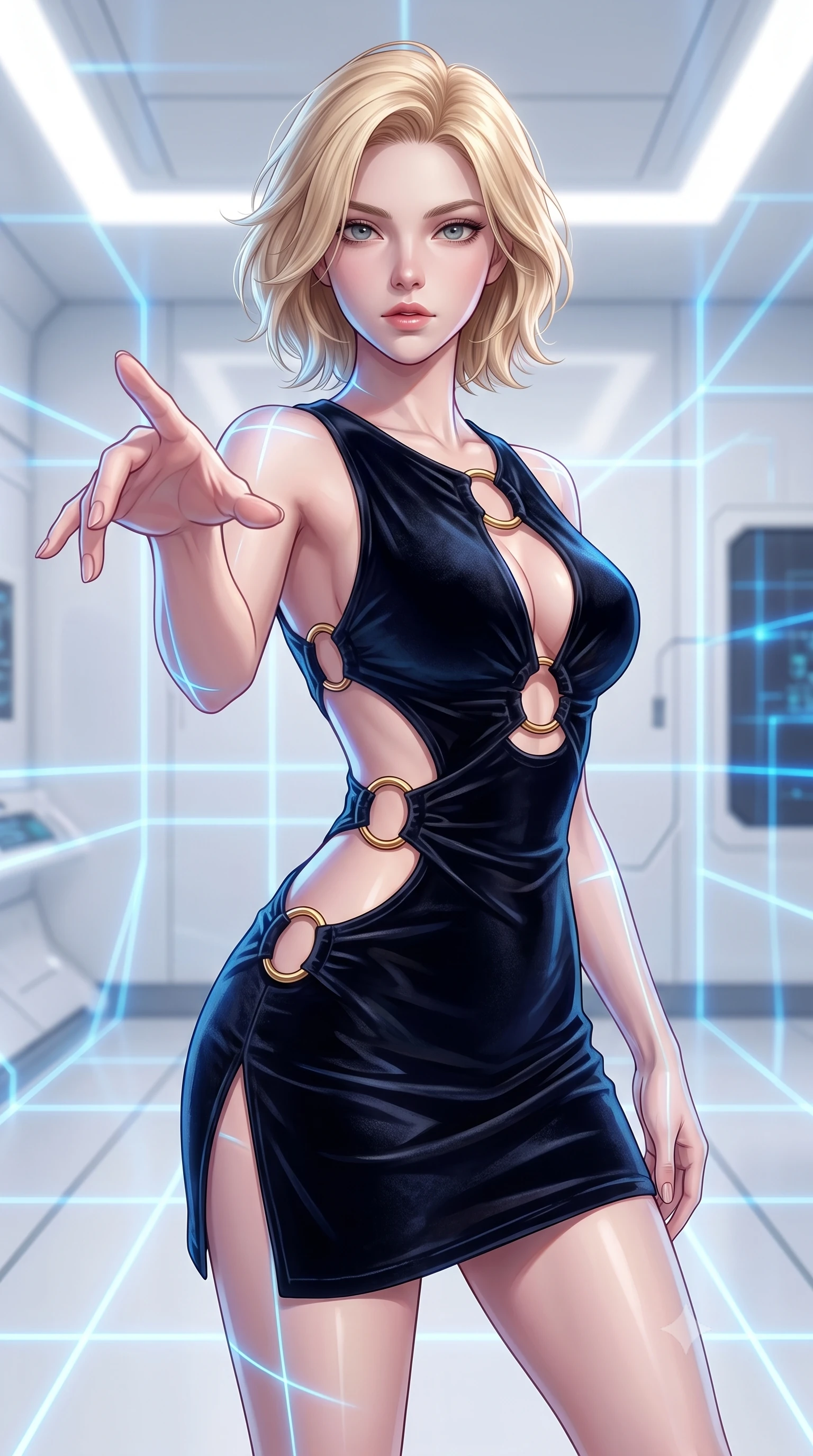 score_9, masterpiece, best quality, ultra-detailed, high-budget anime keyframe, editorial fashion photography, tasteful artistic composition, Caucasian woman woman. close-up cowboy shot from the waist and thighs up, the character dominates the composition, filling the frame with her large presence, background elements kept in soft focus. She has an exceptionally elegant, slender, and willowy female figure with an ultra-slim waist, a gracefully sculpted slender torso, and a refined silhouette. reaching one hand toward the viewer with relaxed elegance, her gaze holding quiet authority, flawlessly proportioned anatomical accuracy, natural body alignment, perfectly sculpted elegant limbs, clean dynamic posture without body distortion. set against a soft-focus background of a high-tech cleanroom with white composite walls and laser grids. wearing a slitted cutout bodycon mini dress in dark velvet with gold ring hardware framing her waist. bathed in crisp high-key white ambient light with focused blue laser gridlines. highly saturated vibrant anime colors, detailed shading with soft gradients, rich glossy textures, high-contrast stereoscopic depth, volumetric dynamic lighting, master piece, 9:16 ratio