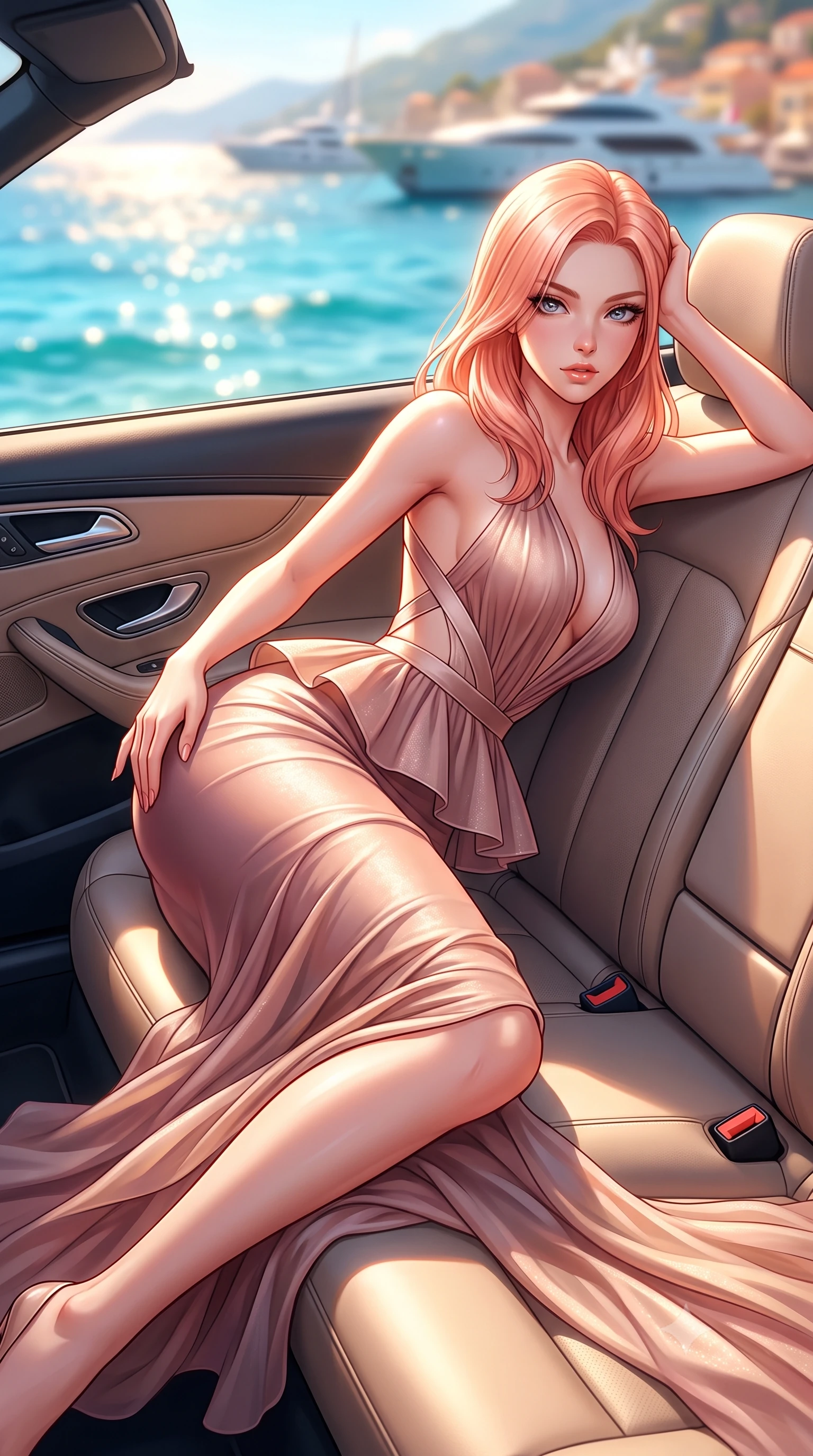 score_9, masterpiece, best quality, ultra-detailed, high-budget anime keyframe, semi-realistic 3D game render, editorial fashion photography, tasteful artistic composition, Japanese woman. close-up cowboy shot from the waist and thighs up, the character dominates the composition, filling the frame with her large presence. arching her spine backward with effortless dancer poise, one hand sliding along her hip line as directional light carves specular highlights along her silhouette while lounging languidly across the passenger leather seat propped on one elbow, long slender legs extended to accentuate her willowy yet curvy silhouette. The composition keeps background elements in soft focus with creamy bokeh. sparkling Mediterranean turquoise waves and distant luxury yachts blurred into molten azure, gold, and coral bokeh. She has an exceptionally elegant, slender, and willowy female figure with an ultra-slim waist, flat toned midriff, narrow ribcage, and sculpted feminine hips creating an alluring, slim hourglass silhouette without bulk. sharp v-shaped jawline, high-bridge nose, intricate jewel-like eyes with depth, thick eyelashes, glossy parted lips with a natural sheen, intensely captivating and seductive bedroom-eyes expression, flawlessly proportioned anatomical accuracy, strict slender model proportions, natural body alignment, perfectly sculpted long slender limbs, ultra-slim waistline, clean dynamic posture without body distortion. wearing a structural geometric peplum gown with sheer side-ribbon cutouts and form-fitting skirt in dusky blush rose and champagne shimmer, woven from layered gossamer chiffon with a weightless sweeping drape, finished with criss-cross back satin straps highlighting her graceful shoulder blades, the precision-cut side openings and low-back scoop framing her graceful spine and the sensual sweep of her slim, toned hips. surrounded by a carefree, elite, and irresistibly magnetic Saint-Tropez heiress aura. highly saturated vibrant anime colors, detailed shading with soft gradients, rich glossy textures, high-contrast stereoscopic depth, volumetric dynamic lighting, master piece, 9:16 ratio