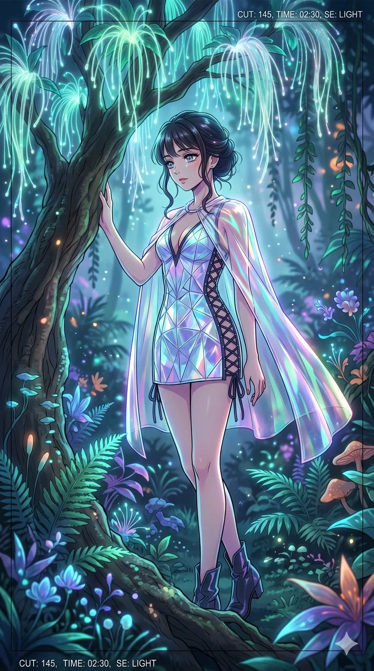 score_9, masterpiece, best quality, ultra-detailed, High-budget Anime Keyframe, vibrant colors, fluid line-art, expressive lighting, cinematic composition, Ufotable-style visual effects, top-tier animation quality, Japanese woman with delicate and elegant anime-inspired features. Low angle cowboy shot filling the entire 9:16 frame with her statuesque presence, looking up to emphasize her height. Communing with a ancient tree whose leaves are made of translucent fiber-optics. She has an absolutely perfect 8-heads proportion, an exceptionally tall and slender female figure with impossibly long slender legs and an ultra-slim waist, her statuesque height and towering silhouette dominating the vertical 9:16 frame. Her face is a masterpiece featuring a sharp v-shaped jawline, high-bridge nose, intricate jewel-like eyes with depth, thick eyelashes, and glossy lips with a natural sheen. She is wearing a Crystalline structure mini-dress with an iridescent vinyl cape, dangerous plunging neckline, and lace-up side panels.. The scene is set in a bioluminescent jungle where every leaf and flower glows with a unique frequency. 2k, ultra detail, master piece, 9:16 ratio