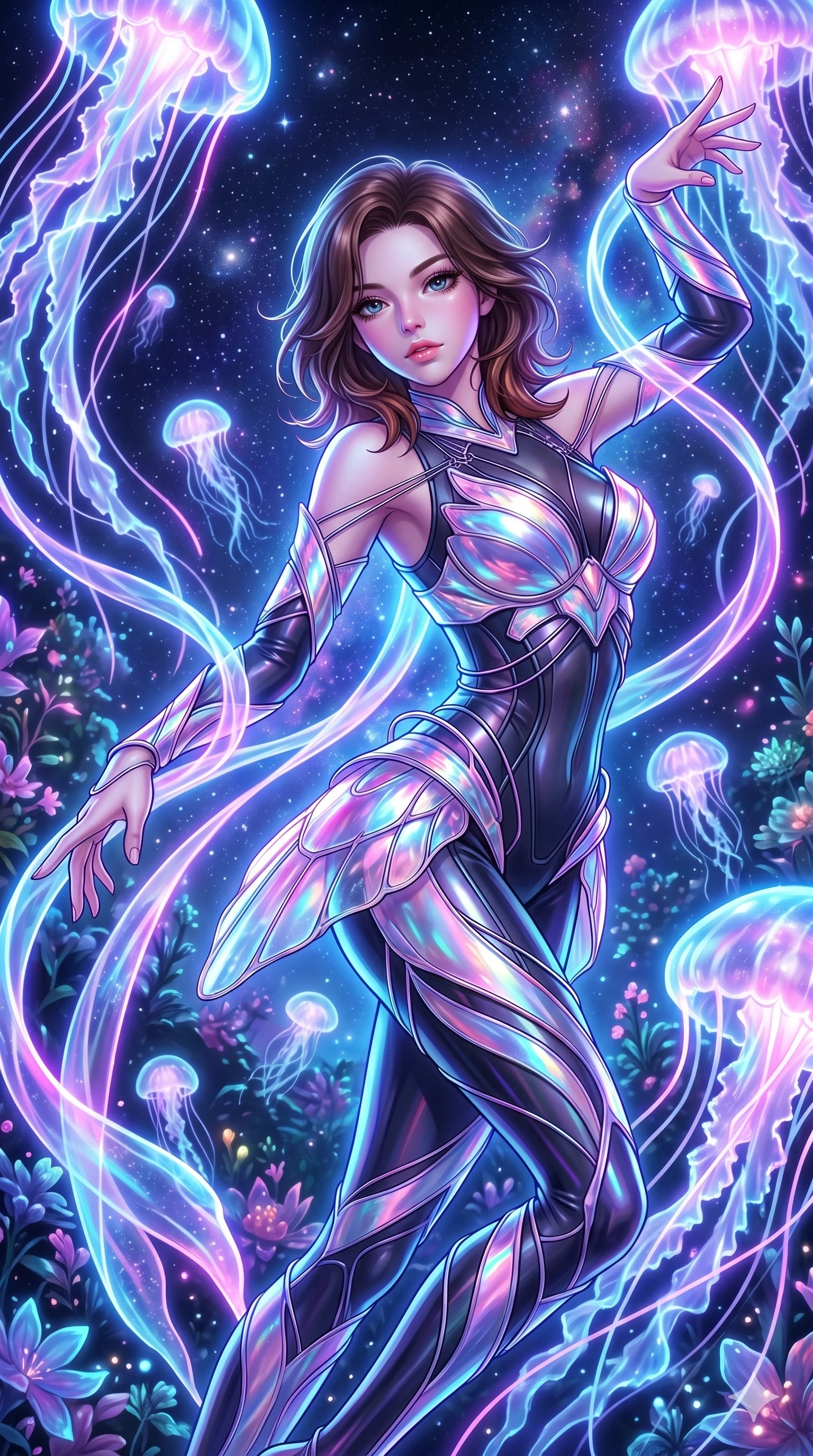 score_9, masterpiece, best quality, ultra-detailed, high-budget anime keyframe, Korean woman. upper body close-up from the thighs up, character filling the screen for maximum presence. swirling gracefully among the glowing ribbon-like tentacles of giant bioluminescent jellyfish floating in a starry sky garden. She has an absolutely perfect 8-heads proportion, an exceptionally tall and slender female figure with impossibly long slender legs and an ultra-slim waist. V-shaped jawline, high-bridge nose, intricate jewel-like eyes with depth, thick eyelashes, glossy lips with a natural sheen.. wearing a holographic ribbon shell armor, featuring thin iridescent plates linked by wire straps over a sleek structured base layer. bathed in brilliant cinematic volumetric lighting and intense neon rim light highlighting her slender form. 2k, ultra detail, master piece, 9:16 ratio