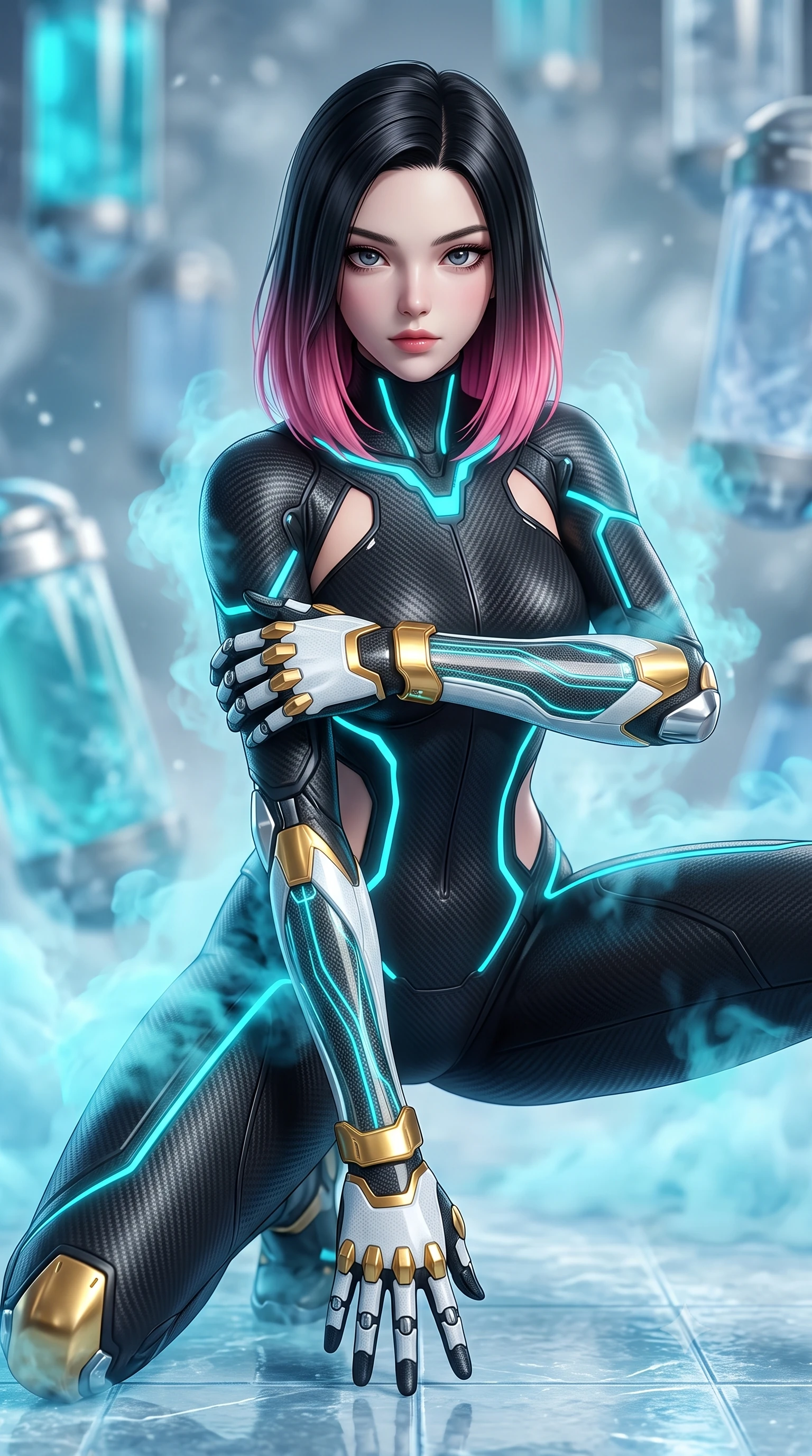 score_9, masterpiece, best quality, ultra-detailed, high-budget anime keyframe, semi-realistic 3D game render, editorial fashion photography, tasteful artistic composition, Korean woman. close-up cowboy shot from the waist and thighs up, the character dominates the composition, filling the frame with her large presence. shifting into a low cat-stance with arms crossed defensively, glowing energy conduits tracing her ultra-slim waist and sculpted clavicle while pivoting dynamically on ice-slicked tiles as cyan cryo-mist billows gracefully around her athletic, form-fitting armor. The composition keeps background elements in soft focus with creamy bokeh. drifting cryogenic frost vapor and frozen glass pods blurred into radiant cyan, silver, and pale blue bokeh. She has an exceptionally elegant, slender, and willowy female figure with an ultra-slim waist, a gracefully sculpted slender torso, toned flat midriff, and a refined slim silhouette. sharp v-shaped jawline, high-bridge nose, intricate jewel-like eyes with depth, thick eyelashes, glossy lips with a natural sheen, flawlessly proportioned anatomical accuracy, strict slender model proportions, natural body alignment, perfectly sculpted long slender limbs, ultra-slim waistline, clean dynamic posture without body distortion. wearing a high-mobility matte-black carbon-fiber combat bodysuit with glowing neon cyan kinetic conduits and Damascus-textured knuckle guards in arctic white carbon composite with radiant solar gold plating, crafted from semi-translucent cybernetic carbon-vinyl interwoven with glowing micro-filaments, detailed with magnetic knuckle shock-absorbers and polished chrome articulation joints, the precision-cut daring openings accentuating her delicate midriff, graceful bare collarbones, and ultra-slim feminine waistline. illuminated by crisp specular ice refractions outlining her ultra-slim waist, long legs, and flat midriff. rich saturated anime colors with glowing neon highlights, detailed shading with soft gradients, rich glossy textures, high-contrast stereoscopic depth, volumetric dynamic lighting, master piece, 9:16 ratio