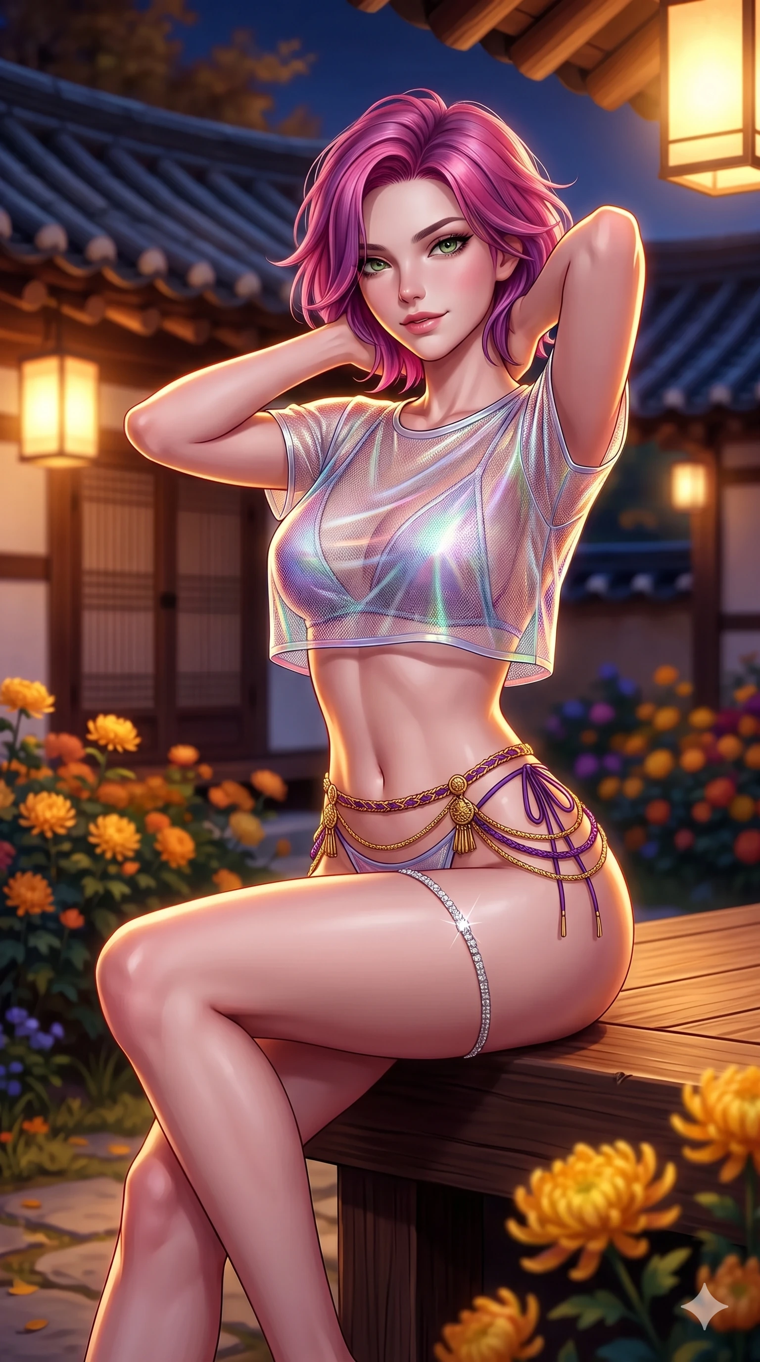 score_9, masterpiece, best quality, ultra-detailed, high-budget anime keyframe, semi-realistic 3D game render, editorial fashion photography, tasteful artistic composition, Caucasian woman. close-up cowboy shot from the waist and thighs up, the character dominates the composition, filling the frame with her large presence. resting both hands lightly behind her neck with elbows raised, arching her spine to highlight her narrow waist, flat midriff, and breathtaking collarbones while perched sideways on the wooden maru veranda edge, one knee drawn up to showcase her slender leg line while her arched back accentuates her feminine curves. The background shows a soft-focus blooming autumn golden chrysanthemums and curved clay-tiled hanok eaves blurred into honey, terracotta, and indigo bokeh. She has an exceptionally elegant, slender, and willowy female figure with an ultra-slim waist, flat toned midriff, narrow ribcage, and sculpted feminine hips creating an alluring, slim hourglass silhouette without bulk. sharp v-shaped jawline, high-bridge nose, sparkling eyes with hypnotic seductive depth, thick curled eyelashes, glossy parted lips with a natural dewy peach sheen, alluring bedroom-eyes with an enchanting coquettish smile, exuding magnetic siren charisma and sophisticated glamour, flawlessly proportioned anatomical accuracy, strict slender model proportions, natural body alignment, perfectly sculpted long slender limbs, ultra-slim waistline, clean dynamic posture without body distortion. wearing a translucent iridescent mesh crop top paired with high-cut string bikini bottoms and gold norigae waist chains in imperial gold and royal plum purple, woven from metallic lurex thread casting radiant starlight glints across her silhouette, accented with a delicate crystal-encrusted thigh garter strap glinting under the lights, the bespoke structured tailoring following the natural line of her 8.5-heads silhouette with refined elegance. illuminated by courtyard lantern bounce and sharp honey-gold rim lights sculpting her razor-sharp jawline, narrow waist, and curvy hips. highly saturated vibrant anime colors, detailed shading with soft gradients, rich glossy textures, high-contrast stereoscopic depth, volumetric dynamic lighting, master piece, 9:16 ratio