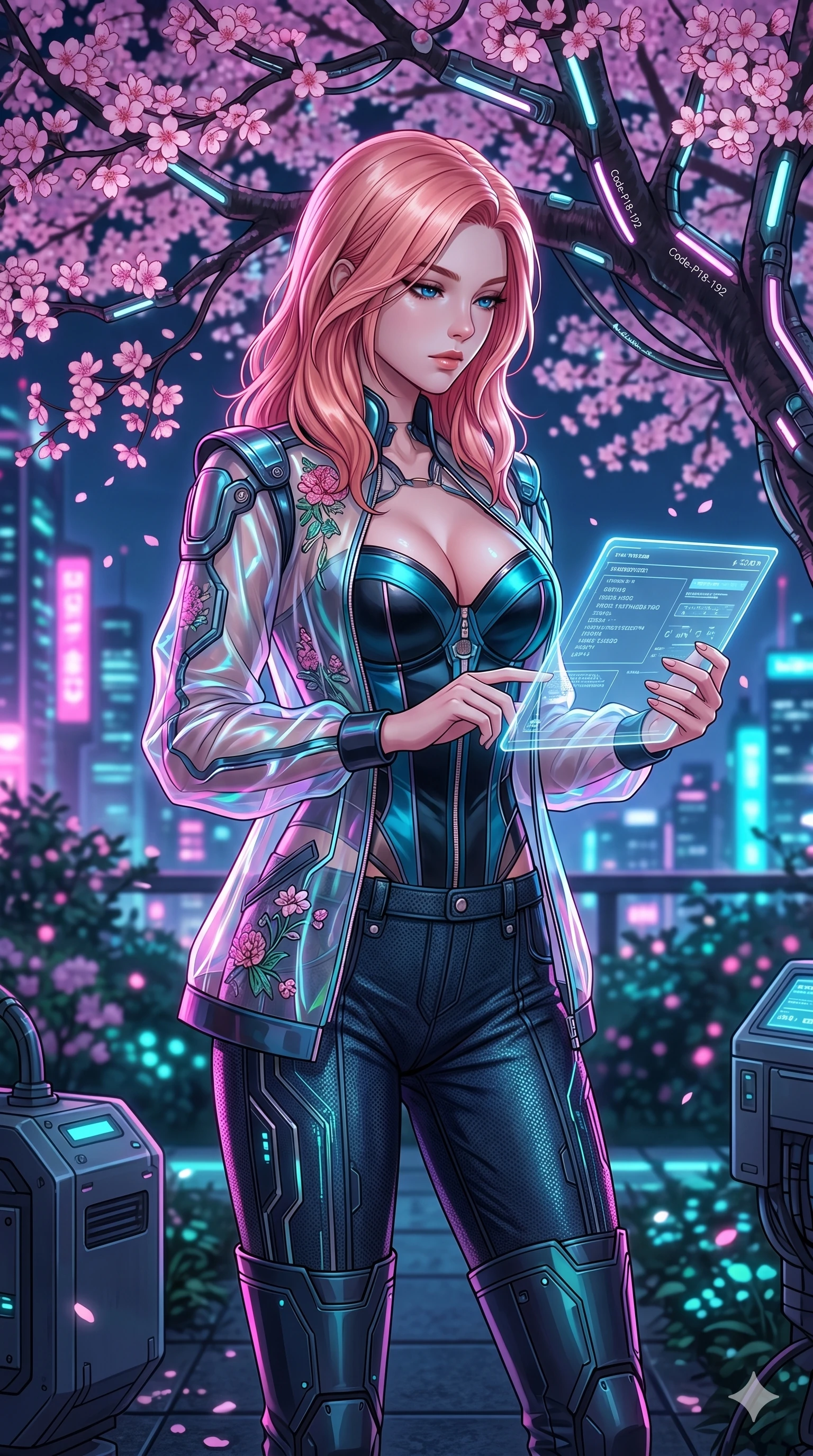 score_9, masterpiece, best quality, ultra-detailed, high-budget anime keyframe, editorial fashion photography, tasteful artistic composition, Japanese woman. cowboy shot from the thighs up, character and outfit filling the frame for maximum editorial presence. holding a floating electronic tablet, looking down with a composed expression standing under a blooming cherry tree in a modern cybernetic garden (Code-P18-192). She has an absolutely perfect 8-heads proportion, an exceptionally tall and slender female figure with impossibly long slender legs and an ultra-slim waist. V-shaped jawline, high-bridge nose, intricate jewel-like eyes with depth, thick eyelashes, glossy lips with a natural sheen. wearing a structured satin corset showing her cleavage and a sheer jacket. vibrant magenta and cyan city lights casting colorful specular highlights on her skin. 2k, ultra detail, master piece, 9:16 ratio