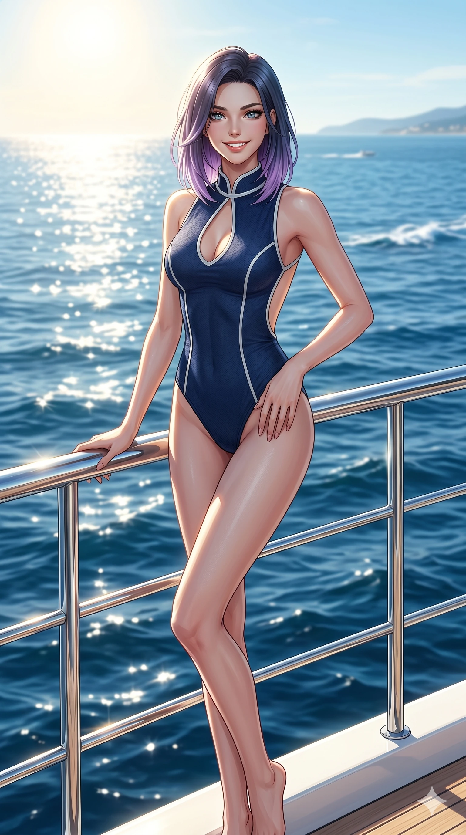 score_9, masterpiece, best quality, ultra-detailed, high-budget anime keyframe, editorial fashion photography, tasteful artistic composition, Caucasian woman, strictly human ears. cowboy shot from the thighs up, character and outfit filling the frame for maximum editorial presence. leaning against the chrome railing with a bright, confident smile, looking forward standing on a yacht flybridge overlooking the open ocean. She has an absolutely perfect 8-heads proportion, an exceptionally tall and slender female figure with impossibly long slender legs and an ultra-slim waist. V-shaped jawline, high-bridge nose, intricate jewel-like eyes with depth, thick eyelashes, glossy lips with a natural sheen. wearing a navy blue bodysuit with white trim details, an elegant keyhole cutout, and open back. drenched in brilliant morning sunshine and deep blue ocean reflections. 2k, ultra detail, master piece, 9:16 ratio