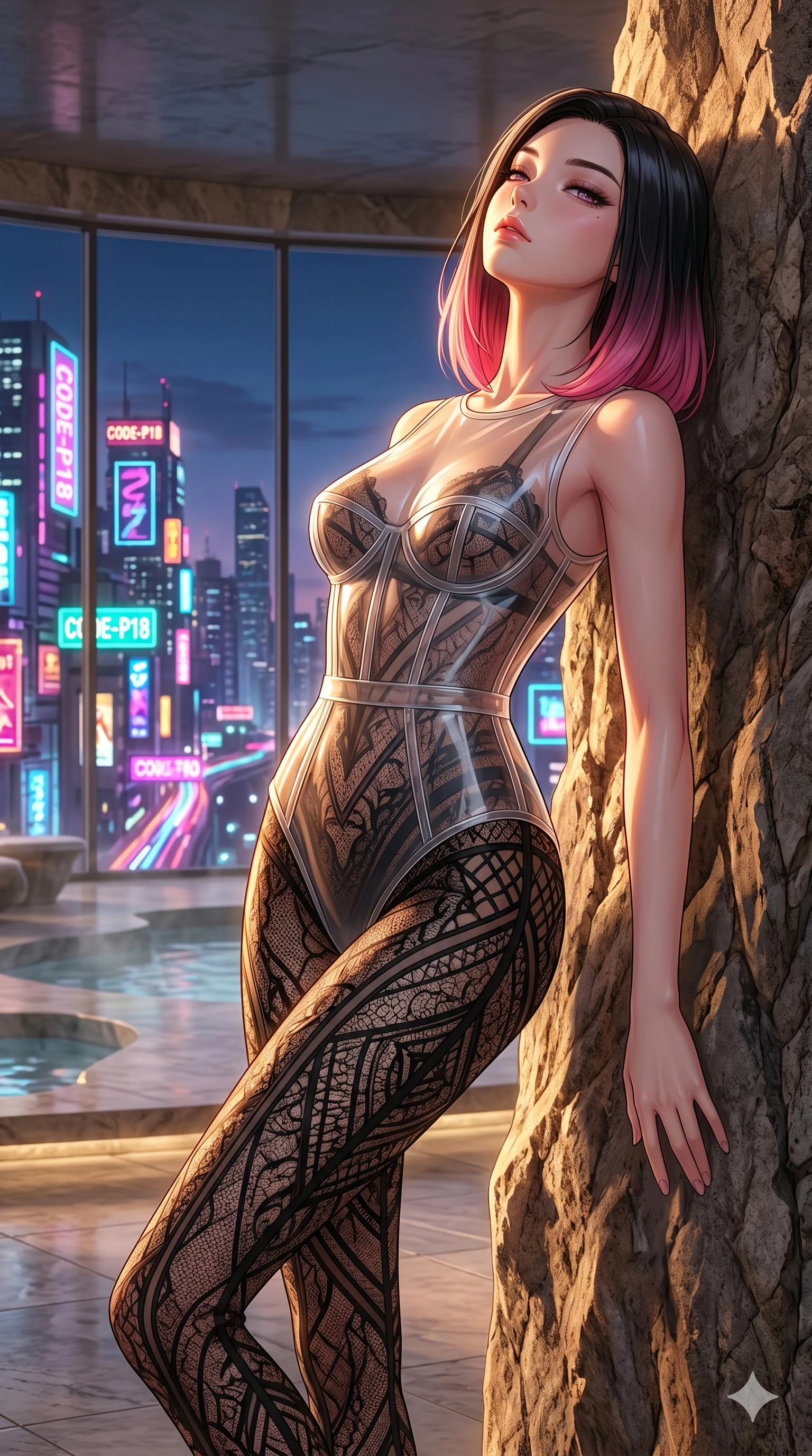 score_9, masterpiece, best quality, ultra-detailed, high-budget anime keyframe, editorial fashion photography, tasteful artistic composition, Korean woman. cowboy shot from the thighs up, character and outfit filling the frame for maximum editorial presence. leaning back against the rock face, tilting her head back in a luxury penthouse spa overlooking a glowing neon city skyline (Code-P18-145). She has an absolutely perfect 8-heads proportion, an exceptionally tall and slender female figure with impossibly long slender legs and an ultra-slim waist. V-shaped jawline, high-bridge nose, intricate jewel-like eyes with depth, thick eyelashes, glossy lips with a natural sheen. wearing a translucent polymer structured bodice over a black patterned embroidery sleek form-fitting suit. bathed in warm golden hour sunset light, tracing the sleek contours of her athletic build. 2k, ultra detail, master piece, 9:16 ratio