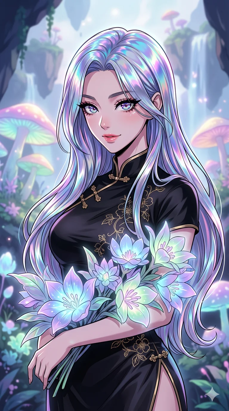 score_9, masterpiece, best quality, ultra-detailed, high-budget anime keyframe, vibrant colors and expressive line art, an incredibly beautiful Korean woman. Medium shot of upper body focusing on her alluring and cute features and her metallic holographic hair that reflects a spectrum of colors with every movement, filling the vertical 9:16 frame. She is holding a bouquet of bioluminescent flowers that match her hair. She has a sharp v-shaped jawline, high-bridge nose, intricate jewel-like eyes, thick eyelashes, and glossy lips. She possesses an absolutely perfect 8-heads proportion and a slim-fit silhouette. She is wearing a silk qipao-inspired modern top with a dangerously high side slit, highlighting her alluring silhouette. a dreamy floating island garden with giant pastel mushrooms, dramatic rim lighting, cinematic shadows, 2k, ultra detail, master piece, 9:16 ratio