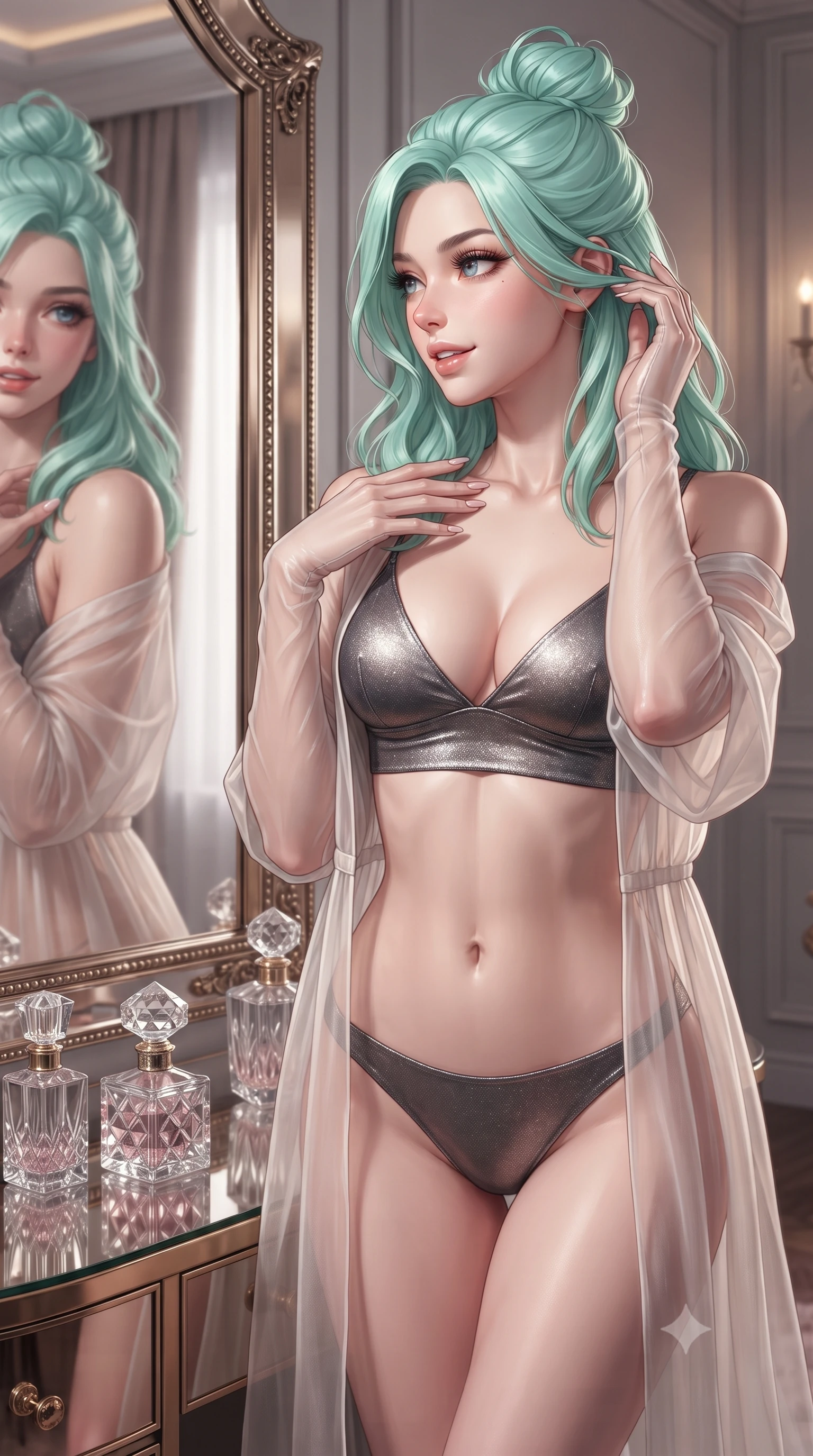 score_9, masterpiece, best quality, ultra-detailed, high-budget anime keyframe, editorial fashion photography, tasteful artistic composition, Japanese woman. close-up cowboy shot from the waist and thighs up, the character dominates the composition, filling the frame with her large presence. gently brushing a lock of hair behind her ear while casting a playful, flirtatious side-gaze with long eyelashes while turning slowly toward the mirror with a teasing half-smile, running one manicured hand lightly along her collarbones with magnetic allure. The surrounding environment is rendered in vivid detail and crisp panoramic clarity: sharp brass vitrine edge bevels, diamond-cut crystal perfume bottle facets, and plush silk carpet pile in deep focus. She has an exceptionally elegant, slender, and willowy female figure with an ultra-slim waist, flat toned midriff, narrow ribcage, and sculpted feminine hips creating an alluring, slim hourglass silhouette without bulk. sharp v-shaped jawline, high-bridge nose, intricate jewel-like sparkling eyes with depth, thick eyelashes, glossy parted lips with a natural peach sheen, bright cheerful beaming smile with an enchanting and coquettish sensual glint, exuding both youthful cute charm and seductive allure, flawlessly proportioned anatomical accuracy, strict slender model proportions, natural body alignment, perfectly sculpted long slender limbs, ultra-slim waistline, clean dynamic posture without body distortion. wearing a flowing gossamer silk organza boudoir peignoir slipping off one shoulder over a form-fitting satin bralette in Hollywood starlight platinum and smoky charcoal, woven from stretch metallic lurex jersey casting radiant starlight glints across her curves, complemented by sheer opera-length evening gloves tracing her slender arms, the second-skin tailored fabric adhering flawlessly to her sculpted flat midriff and slender torso, emphasizing her long leg lines and perfectly proportioned willowy build. illuminated by mirror specular reflections and sharp rose-gold rim lights defining her features, flat midriff, and slender waist. ultra-reflective glossy finish, specular highlights, rich textural contrasts, high-contrast stereoscopic depth, volumetric dynamic lighting, 2k, ultra detail, master piece, 9:16 ratio