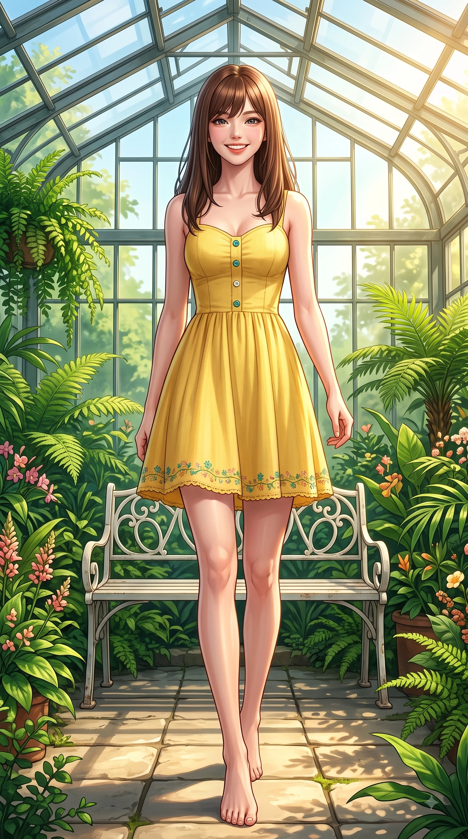 score_9, masterpiece, best quality, ultra-detailed, high-budget anime keyframe, editorial fashion photography, tasteful artistic composition, Korean woman. low angle full-body shot from head to toe showing her feet, filling the entire 9:16 vertical frame with her statuesque presence, stretching her vertical silhouette. walking forward in a proud dynamic stride with a cheerful beaming smile, her vertical silhouette filling the frame while sitting on a classic white iron bench in a sun-drenched glasshouse surrounded by emerald greenery. The surrounding environment is rendered in vivid detail and crisp panoramic clarity. rich emerald plant textures and sunlit conservatory walkways showcased with environmental sharpness. She has an absolutely perfect, statuesque 8.5-heads proportion, an exceptionally tall and slender model-like female figure with impossibly long slender legs and an ultra-slim waist. sharp v-shaped jawline, high-bridge nose, intricate jewel-like eyes with depth, thick eyelashes, glossy lips with a natural sheen, flawlessly proportioned anatomical accuracy, natural body alignment, perfectly sculpted elegant limbs, clean dynamic posture without body distortion. wearing a sunny yellow cotton sundress with a sweetheart neckline and wooden button accents in ocean turquoise and sea-salt white, knitted from soft cozy cashmere yarn, complemented by delicate embroidered floral trim along the hem, the relaxed yet flattering fit accentuating her naturally graceful and slender figure. bathed in bright golden sunlight filtering through conservatory glass panes. highly saturated vibrant anime colors, detailed shading with soft gradients, rich glossy textures, high-contrast stereoscopic depth, volumetric dynamic lighting, master piece, 9:16 ratio