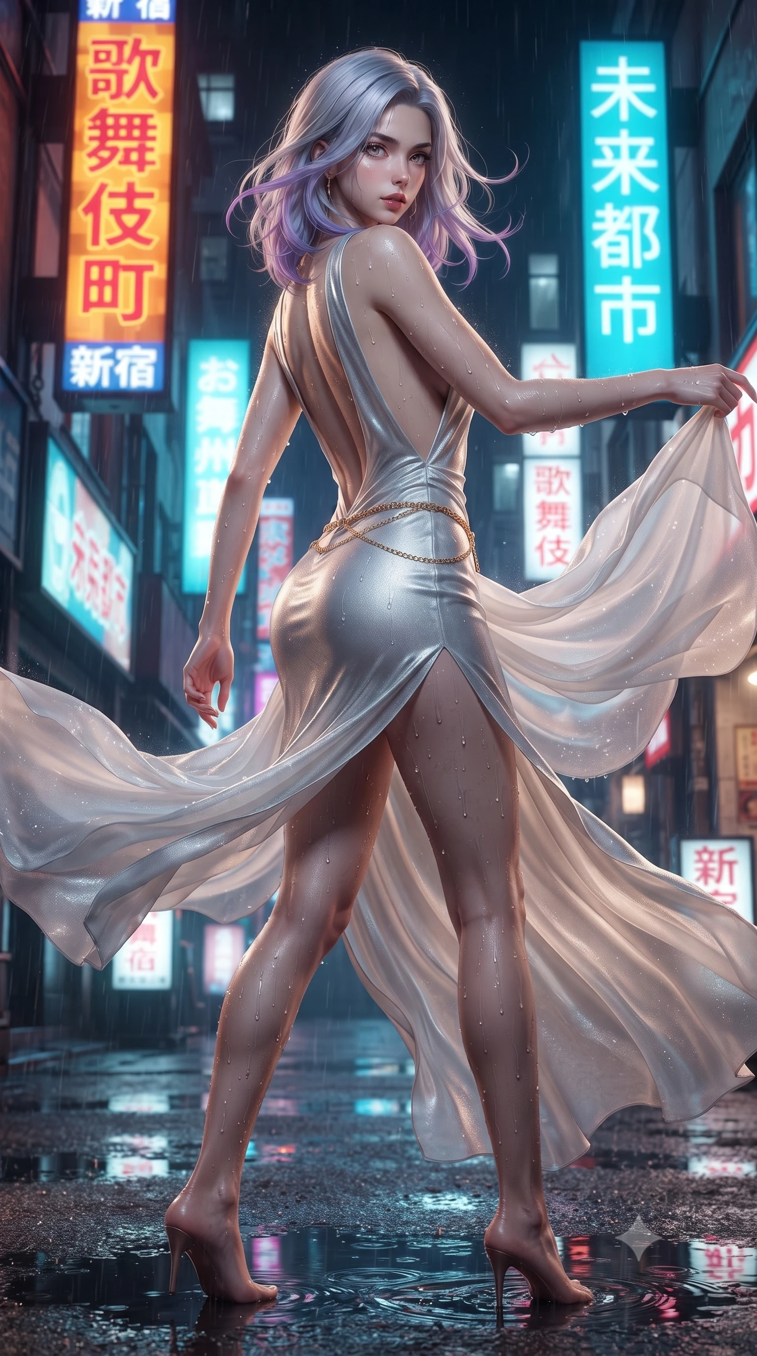 score_9, masterpiece, best quality, ultra-detailed, high-budget anime keyframe, editorial fashion photography, tasteful artistic composition, Caucasian woman. low angle full-body shot from head to toe showing her feet, filling the entire 9:16 vertical frame with her statuesque presence, stretching her vertical silhouette. executing an elegant mid-motion pivot turn as garments swirl around her slender limbs, glancing over her shoulder with an intoxicating bedroom-gaze while twisting her slender torso in an alluring contrapposto stance beside a glowing kanji signboard, rain droplets glistening along her long slender legs and curvy hips. The surrounding environment is rendered in vivid detail and crisp panoramic clarity. detailed wet-look garment texture, water droplet beads on skin, and futuristic Shinjuku alleyway architecture in high resolution. She has an exceptionally tall and slender model-like 8.5-heads proportion, an ultra-slim waist, a flat toned midriff, narrow delicate ribcage, and beautifully sculpted feminine hips creating a graceful, slim hourglass silhouette without any bulky heaviness, with impossibly long slender legs. sharp v-shaped jawline, high-bridge nose, intricate jewel-like eyes with depth, thick eyelashes, glossy parted lips with a natural sheen, intensely captivating and seductive bedroom-eyes expression, flawlessly proportioned anatomical accuracy, strict slender model proportions, natural body alignment, perfectly sculpted long slender limbs, ultra-slim waistline, clean dynamic posture without body distortion. wearing a liquid-silk jersey evening gown with an ultra-deep plunging open back descending to the base of her spine and a sculpted hip-hugging skirt in shimmering silver mercury and pearl white, woven from layered gossamer chiffon with a weightless sweeping drape, accented with a delicate gold chain belt resting loosely on her curvy hips, the form-contouring material adhering flawlessly to her sculpted flat midriff and slender torso, emphasizing her long leg lines and perfectly proportioned willowy build. illuminated by wet ground specular reflections accentuating her sculpted midriff, narrow waist, and curvy hips. ultra-reflective glossy finish, specular highlights, rich textural contrasts, high-contrast stereoscopic depth, volumetric dynamic lighting, 2k, ultra detail, master piece, 9:16 ratio