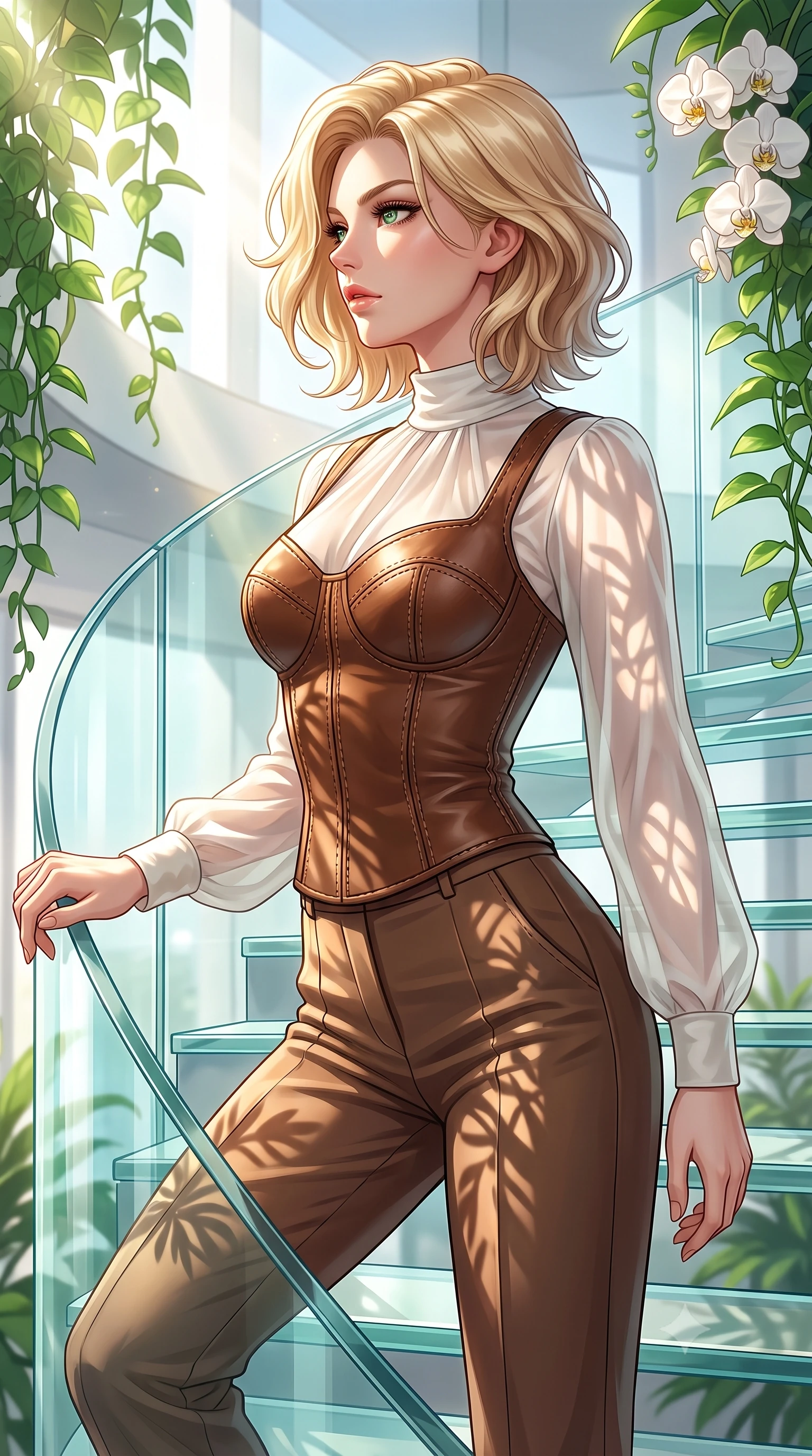 score_9, masterpiece, best quality, ultra-detailed, high-budget anime keyframe, editorial fashion photography, tasteful artistic composition, Caucasian woman. close-up cowboy shot from the waist and thighs up, the character dominates the composition, filling the frame with her large presence, background elements kept in soft focus. Turning her face in sharp dramatic profile against the bright light, showcasing her sharp v-shaped jawline ascending a vertical spiral glass staircase enveloped by tropical sunbeams, lush green vines and white orchids framing the bright architectural backdrop. She has an exceptionally elegant, slender, and willowy female figure with an ultra-slim waist, a gracefully sculpted slender torso, and a refined silhouette. sharp v-shaped jawline, high-bridge nose, intricate jewel-like eyes with depth, thick eyelashes, glossy lips with a natural sheen. wearing a tailored leather bustier over a sheer silk chiffon blouse with tailored slacks, the sleek second-skin texture accentuating her magnetic presence. illuminated by brilliant sunbeams casting organic leaf stencil shadows. highly saturated vibrant anime colors, detailed shading with soft gradients, rich glossy textures, high-contrast stereoscopic depth, volumetric dynamic lighting, master piece, 9:16 ratio