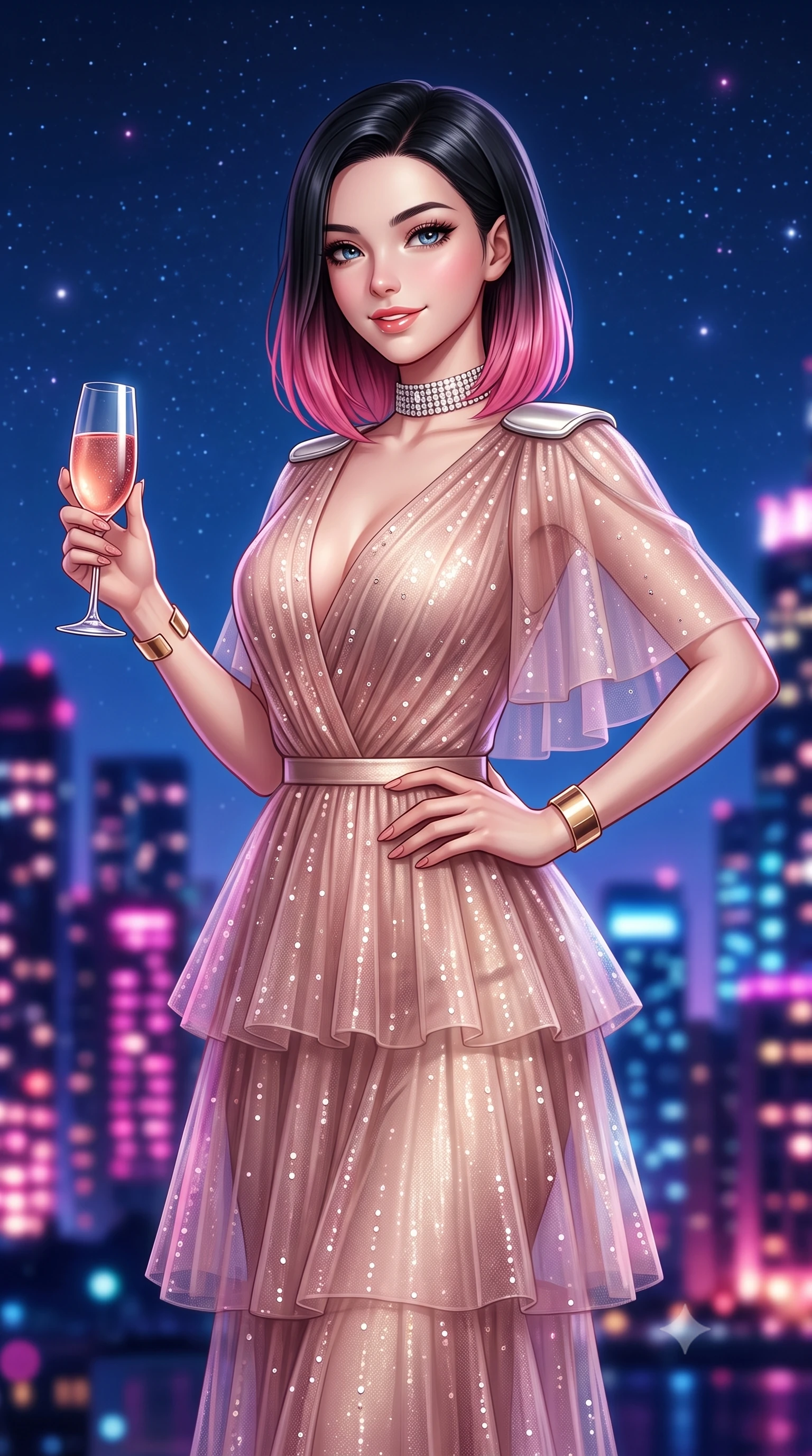 score_9, masterpiece, best quality, ultra-detailed, high-budget anime keyframe, semi-realistic 3D game render, editorial fashion photography, tasteful artistic composition, Korean woman. close-up cowboy shot from the waist and thighs up, the character dominates the composition, filling the frame with her large presence. smiling with subtle, enchanting allure and glossy parted lips, one hand resting on her waist with effortless supermodel poise while holding a chilled glass of vintage rosé, casting a smoldering, confident gaze over her shoulder into the lens. The composition keeps background elements in soft focus with creamy bokeh. dazzling skyscraper metropolis light clusters and starry night skies blurred into deep sapphire, magenta, and gold bokeh. She has an exceptionally elegant, slender, and willowy female figure with an ultra-slim waist, a gracefully sculpted slender torso, toned flat midriff, and a refined slim silhouette. sharp v-shaped jawline, high-bridge nose, intricate jewel-like eyes with depth, thick eyelashes, glossy lips with a natural sheen, captivating and magnetic expression, flawlessly proportioned anatomical accuracy, strict slender model proportions, natural body alignment, perfectly sculpted long slender limbs, ultra-slim waistline, clean dynamic posture without body distortion. wearing a modern royal capelet gown with platinum shoulder epaulets and a slender column skirt in dusky blush rose and champagne shimmer, crafted from tiered translucent tulle adorned with delicate micro-sequins, accessorized with a bold diamond choker and minimalist gold cuffs, the sleek tailored cut tightly hugging her graceful clavicle, narrow waist, and feminine curves with statuesque precision. surrounded by a cosmopolitan, elite, and intensely magnetic modern royalty aura. highly saturated vibrant anime colors, detailed shading with soft gradients, rich glossy textures, high-contrast stereoscopic depth, volumetric dynamic lighting, master piece, 9:16 ratio