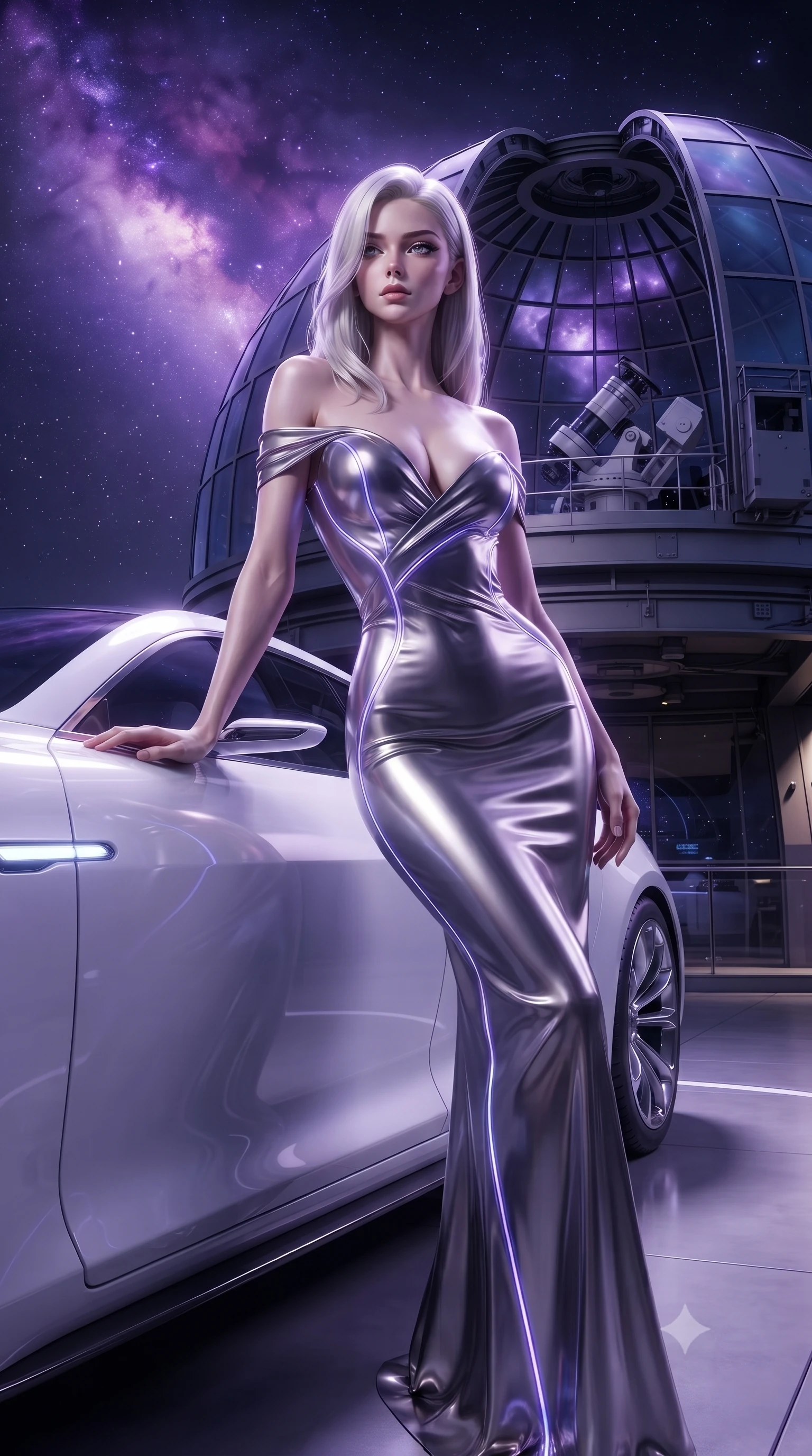 score_9, masterpiece, best quality, ultra-detailed, High-budget Anime Keyframe, editorial fashion photography, tasteful artistic composition, realistic cosplay photography, Caucasian woman, strictly human ears. Low angle cowboy shot filling the entire 9:16 frame with her statuesque presence. Scenario 293: leaning against a sleek white hover-limousine by a high-altitude observatory dome under a swirling violet nebula. Her presence is magnetic and overpowering in this high-budget cinematic scene. Outfit 293: a form-contouring molten liquid silk second with a low-cut shoulder and glowing LED seams. The clothing is designed to emphasize her exceptionally tall and slender 8-heads proportion. 8-heads proportion, towering silhouette, ultra-slim waist. sharp v-shaped jawline, intricate jewel-like eyes with depth, thick eyelashes, glossy lips. ultra-reflective glossy finish, specular highlights, metallic sheen, high-contrast stereoscopic depth, volumetric dynamic lighting, 2k, ultra detail, master piece, 9:16 ratio