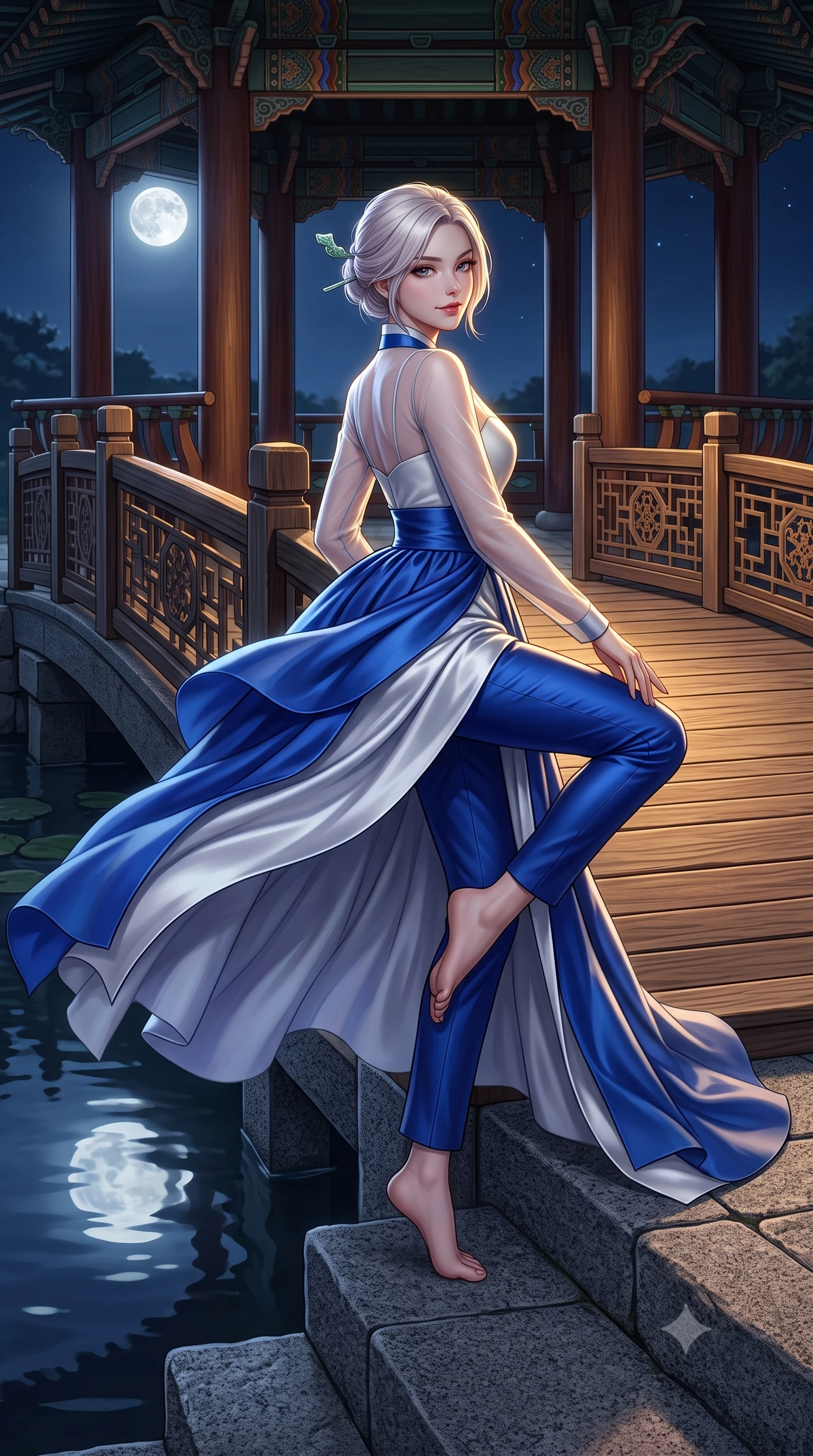 score_9, masterpiece, best quality, ultra-detailed, high-budget anime keyframe, semi-realistic 3D game render, editorial fashion photography, tasteful artistic composition, Caucasian woman. low angle full-body shot from head to toe showing her feet, filling the entire 9:16 vertical frame with her statuesque presence, stretching her vertical silhouette. executing a graceful dancer pivot turn as her layered silk chima skirt flutters around her slender legs, glancing over her shoulder with an intoxicating bedroom-gaze while sitting poised on the stone steps of the island pavilion with legs crossed, her modern fusion hanbok trailing gracefully across ancient granite. The surrounding environment is rendered in vivid detail and crisp panoramic clarity: sharp wooden bridge plank grain, carved pavilion balustrade lattices, and calm pond reflection clarity in deep focus. She has an absolutely perfect, statuesque 8.5-heads proportion, an exceptionally tall and slender model-like female figure with impossibly long slender legs, an ultra-slim waist, a flat toned midriff, narrow delicate ribcage, and beautifully sculpted feminine hips creating a graceful, slim hourglass silhouette without any bulky heaviness. sharp v-shaped jawline, high-bridge nose, intricate jewel-like dark sparkling almond eyes with depth, thick lashes, glossy parted lips with a natural rose-plum sheen, bright alluring and coquettish smile with bedroom-eyes, exuding both timeless oriental elegance and sovereign high-fashion allure, flawlessly proportioned anatomical accuracy, strict slender model proportions, natural body alignment, perfectly sculpted long slender limbs, ultra-slim waistline, clean dynamic posture without body distortion. wearing a sheer technical mesh and silk hanbok blouse worn over a sculpted sweetheart bustier with high-waisted tailored silk trousers in royal cobalt blue and starlight platinum, crafted from heavy fluid silk satin with a liquid mirror-like sheen, featuring a modern sculptural jade hair pin securing her loose silky updo, the precision-cut side hip slits and low-back scoop framing her graceful spine and the sensual sweep of her slim, toned hips. illuminated by full moon celestial rays and sharp warm-gold rim lights defining her sculpted collarbones, ultra-slim waist, and curvy hips. highly saturated vibrant anime colors, detailed shading with soft gradients, rich glossy textures, high-contrast stereoscopic depth, volumetric dynamic lighting, master piece, 9:16 ratio