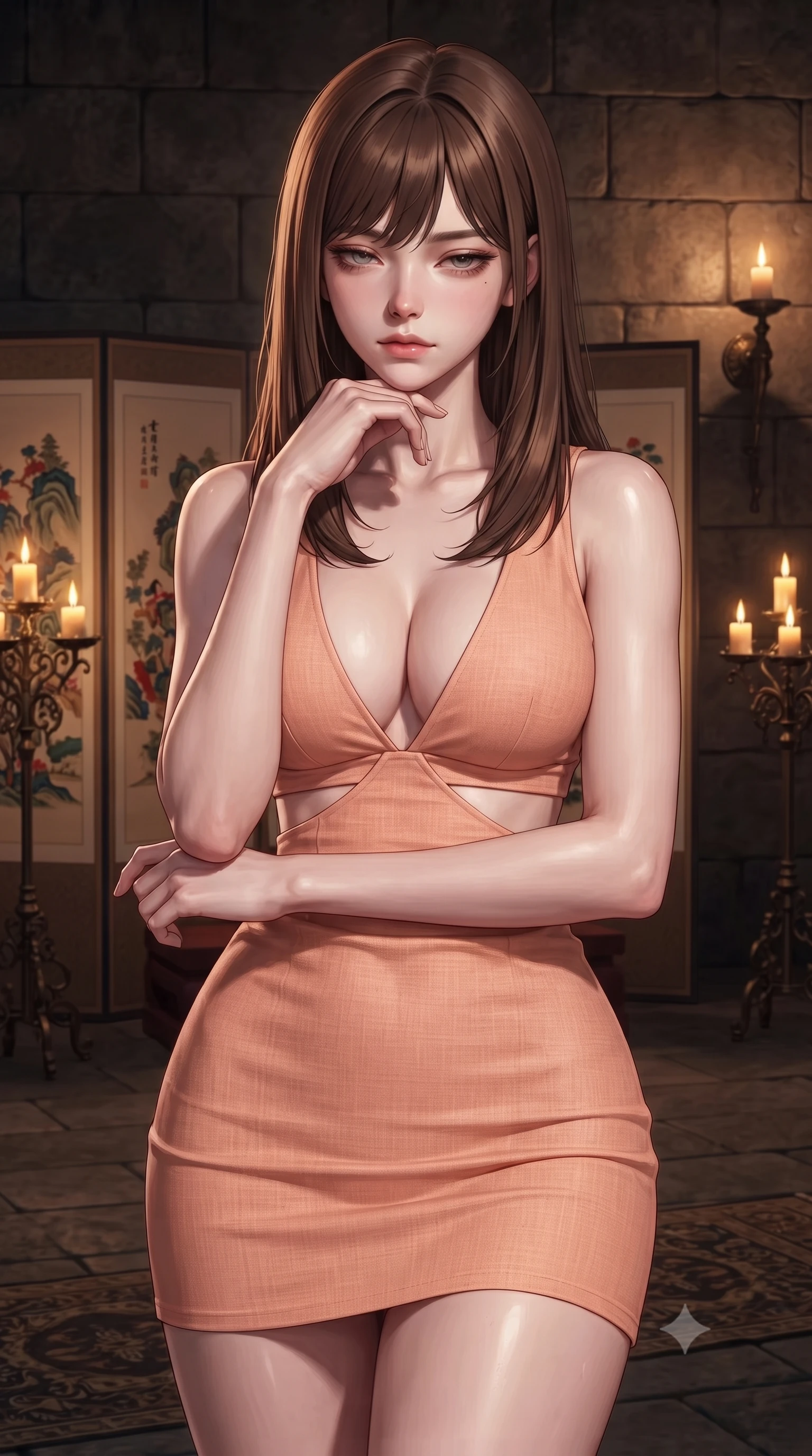 score_9, masterpiece, best quality, ultra-detailed, high-budget anime keyframe, editorial fashion photography, tasteful artistic composition, Korean woman. close-up cowboy shot from the waist and thighs up, the character dominates the composition, filling the frame with her large presence, background elements kept in soft focus. resting her chin on the backs of her fingers, casting a heavy-lidded, sultry look past the camera the background shows a soft-focus an old castle chamber with decorative screen paintings and candle stands. She has an exceptionally elegant, slender, and willowy female figure with an ultra-slim waist, a gracefully sculpted slender torso, and a refined silhouette. sharp v-shaped jawline, high-bridge nose, intricate jewel-like eyes with depth, thick eyelashes, glossy lips with a natural sheen. wearing a form-contouring summer sundress with double waist cutouts and a plunging neckline in peach linen. warm flickering candle lights casting dramatic shadows on the stone walls. ultra-reflective glossy finish, specular highlights, metallic sheen, high-contrast stereoscopic depth, volumetric dynamic lighting, 2k, ultra detail, master piece, 9:16 ratio
