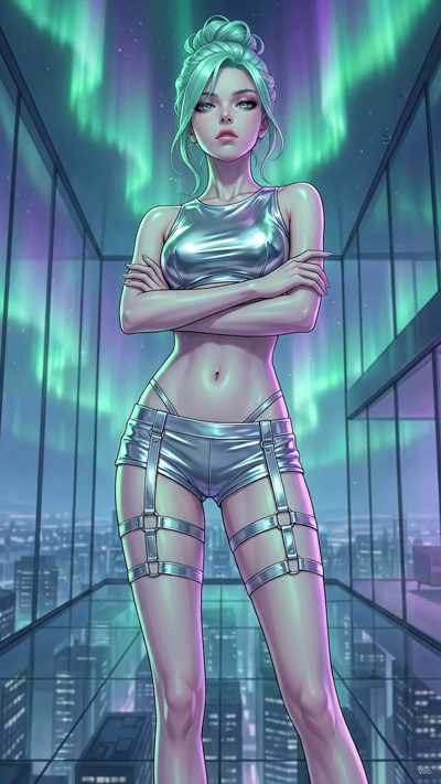 The character in the starting frame maintains their original pose, blinking slowly and looking towards the camera with a subtle, natural expression. A gentle breeze causes their hair to sway softly, providing a sense of presence. The camera executes 