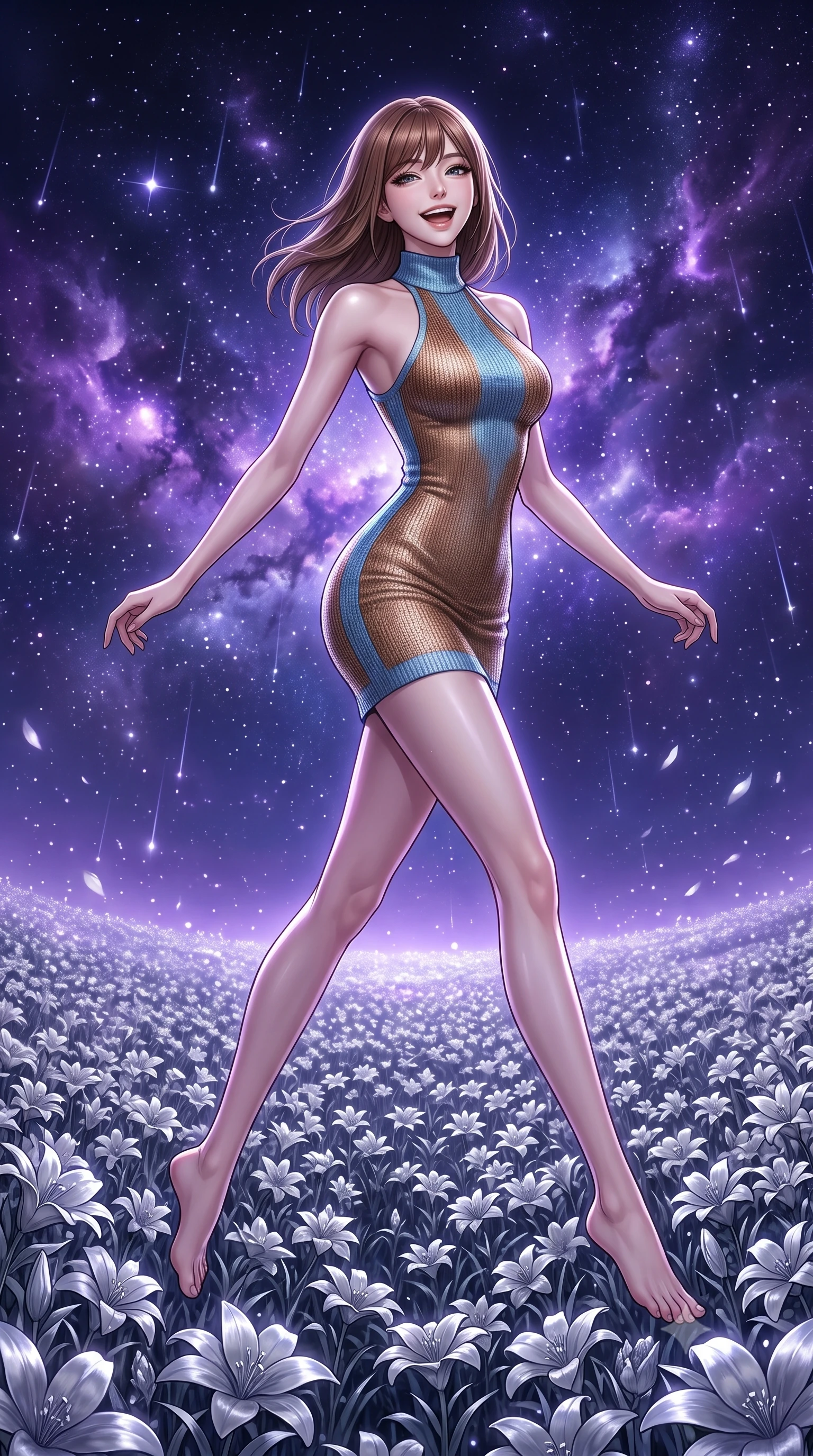 score_9, masterpiece, best quality, ultra-detailed, high-budget anime keyframe, editorial fashion photography, tasteful artistic composition, Korean woman. low angle full-body shot from head to toe showing her feet, filling the entire 9:16 vertical frame with her statuesque presence, stretching her vertical silhouette. leaping gracefully with a bright, joyful laugh through in an endless field of silver flowers swaying in the night breeze under a sky filled with glowing violet nebulae and falling stardust. She has a statuesque 8.5-heads proportion, an exceptionally tall, slender and willowy model-like build with impossibly long legs and a highly sculpted ultra-slim waist. sharp v-shaped jawline, high-bridge nose, intricate jewel-like eyes with depth, thick eyelashes, glossy lips with a natural sheen. wearing a high-neck racer-back fitted dress in a metallic bronze and sky blue knit, highlighting her athletic shoulders and slender torso. cool starlight and deep violet cosmic light wrapping the silver meadow in a soft glowing atmosphere. 2k, ultra detail, master piece, 9:16 ratio