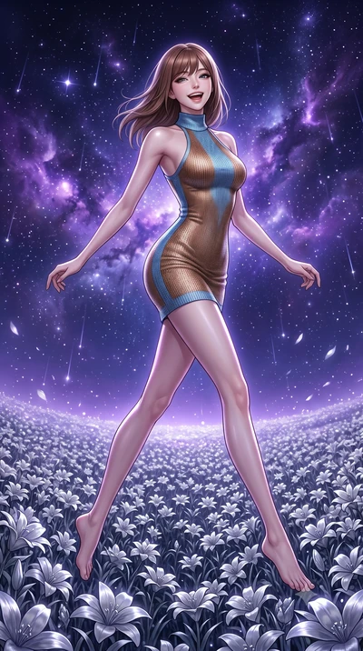 score_9, masterpiece, best quality, ultra-detailed, high-budget anime keyframe, editorial fashion photography, tasteful artistic composition, Korean woman. low angle full-body shot from head to toe showing her feet, filling the entire 9:16 vertical f