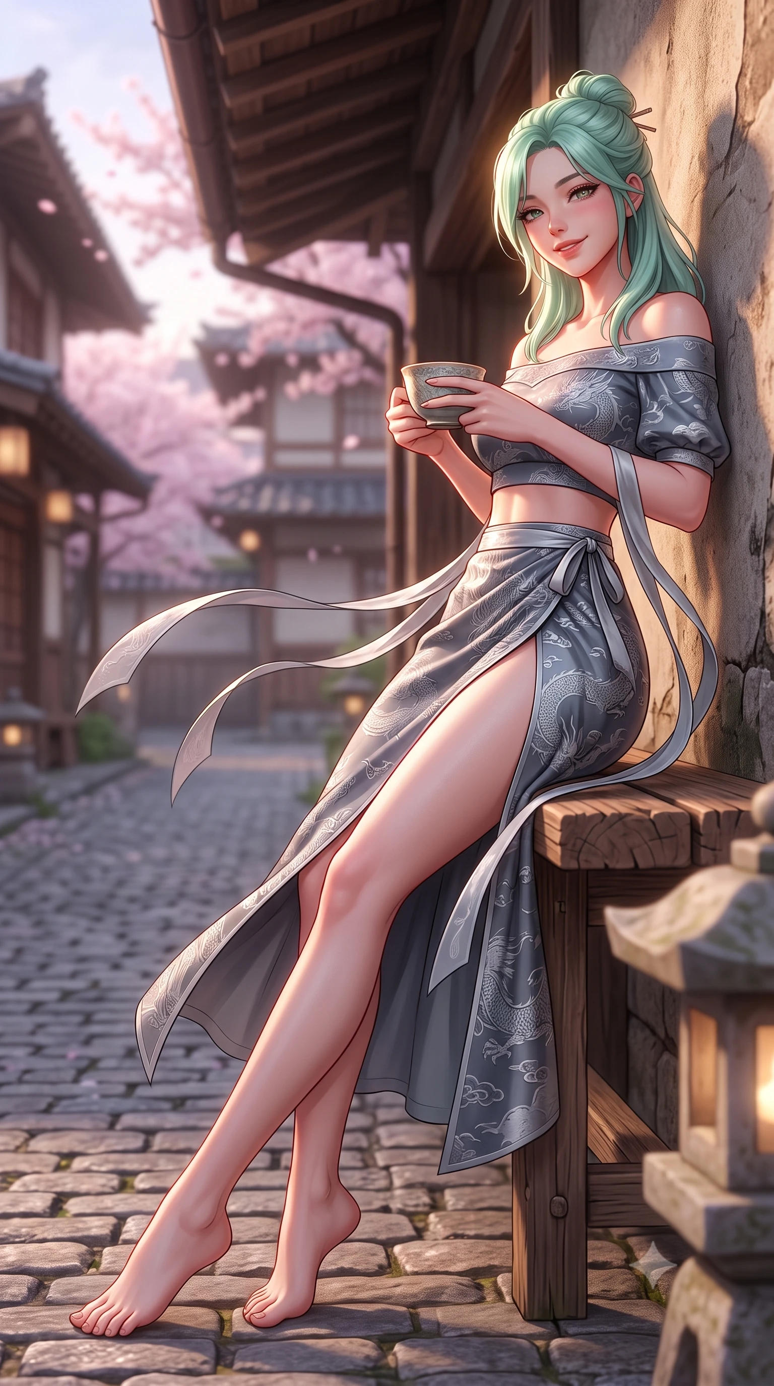 score_9, masterpiece, best quality, ultra-detailed, high-budget anime keyframe, semi-realistic 3D game render, editorial fashion photography, tasteful artistic composition, Japanese woman. low angle full-body shot from head to toe showing her feet, filling the entire 9:16 vertical frame with her statuesque presence, stretching her vertical silhouette. leaning deep against the ancient temple wall with hips cocked back in an unapologetically alluring high-fashion stance, flashing a warm beaming smile while lounging on an outdoor bench holding an antique teacup with both hands, her long slender legs and hourglass curves commanding the spring terrace. The background shows a soft-focus quiet cobblestone alleys and traditional wooden eaves softened in nostalgic Tokyo spring shallow focus. She has an absolutely perfect, statuesque 8.5-heads proportion, an exceptionally tall and slender model-like female figure with impossibly long slender legs, an ultra-slim waist, a flat toned midriff, narrow delicate ribcage, and beautifully sculpted feminine hips creating a graceful, slim hourglass silhouette without any bulky heaviness. sharp v-shaped jawline, high-bridge nose, intricate jewel-like dark sparkling almond eyes with depth, thick lashes, glossy parted lips with a natural rose-plum sheen, bright alluring and coquettish smile with bedroom-eyes, exuding both timeless oriental elegance and sovereign high-fashion allure, flawlessly proportioned anatomical accuracy, strict slender model proportions, natural body alignment, perfectly sculpted long slender limbs, ultra-slim waistline, clean dynamic posture without body distortion. wearing a modern two-piece fusion set with an off-shoulder crop blouse and high-slit wrap skirt tracing her curvaceous hips in misty ink-wash slate grey and liquid silver, made of rich jacquard silk with intricate embossed dragon and cloud motifs, accented with flowing gossamer silk ribbons that flutter dynamically in the evening breeze, the glove-like silhouette tightly following the natural contour of her hips and long slender legs with youthful 8.5-heads elegance. illuminated by garden stone lantern fills and sharp rose-gold rim lights sculpting her razor-sharp jawline, narrow waist, and curvy hips. highly saturated vibrant anime colors, detailed shading with soft gradients, rich glossy textures, high-contrast stereoscopic depth, volumetric dynamic lighting, master piece, 9:16 ratio