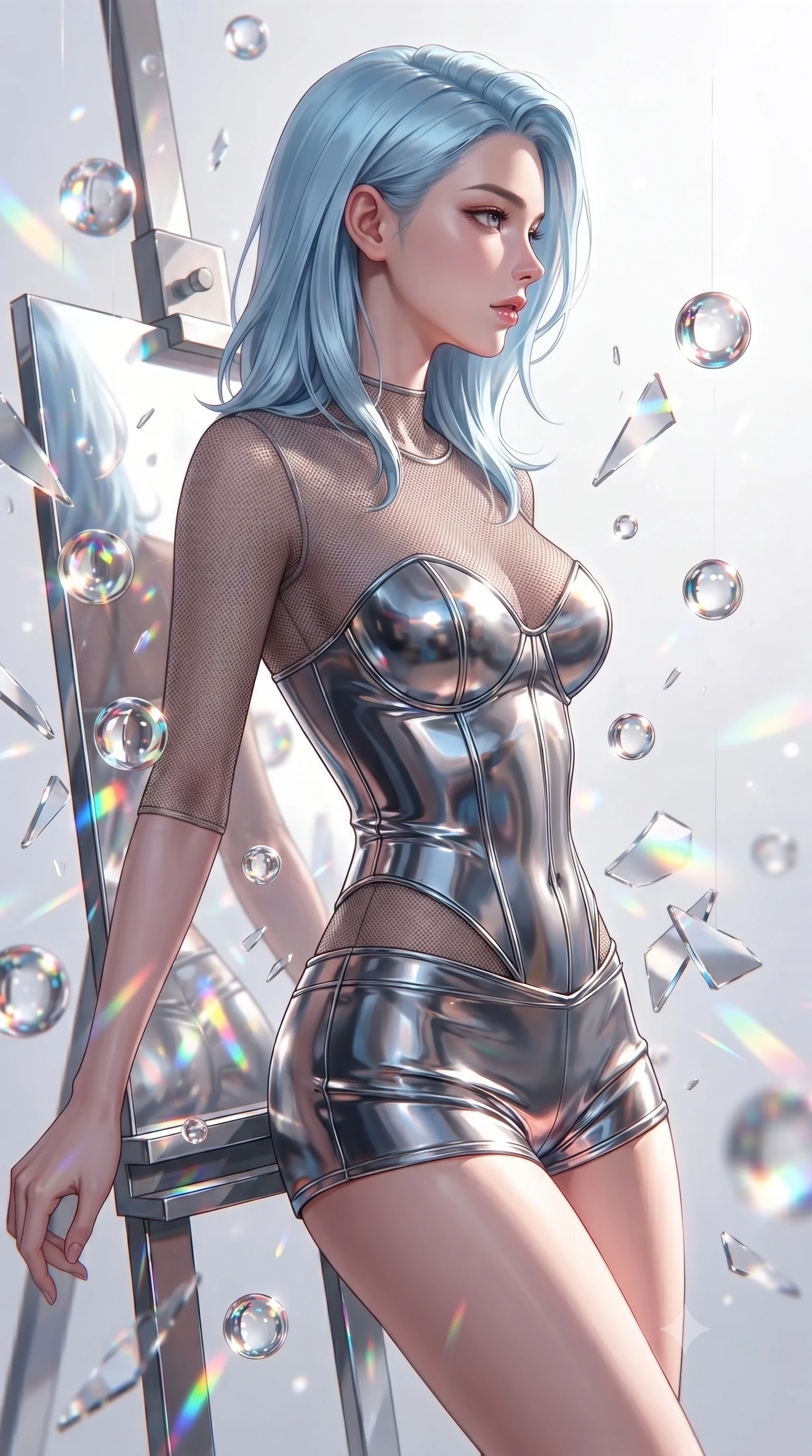 score_9, masterpiece, best quality, ultra-detailed, high-budget anime keyframe, editorial fashion photography, tasteful artistic composition, Korean woman. close-up cowboy shot from the waist and thighs up, the character dominates the composition, filling the frame with her large presence, background elements kept in soft focus. Turning her face in sharp dramatic profile against the bright light, showcasing her sharp v-shaped jawline leaning against a mirrored easel surrounded by suspended pigment spheres, shattered mirror shards scattering brilliant rainbow reflections everywhere. She has an exceptionally elegant, slender, and willowy female figure with an ultra-slim waist, a gracefully sculpted slender torso, and a refined silhouette. sharp v-shaped jawline, high-bridge nose, intricate jewel-like eyes with depth, thick eyelashes, glossy lips with a natural sheen. wearing a metallic chrome-plated structured bodice worn over a sheer mesh-textured top and micro-shorts, the form-contouring material highlighting her ultra-slim waist and long lines. drenched in bright white key light with colorful prismatic rim lighting. ultra-reflective glossy finish, specular highlights, metallic sheen, high-contrast stereoscopic depth, volumetric dynamic lighting, 2k, ultra detail, master piece, 9:16 ratio