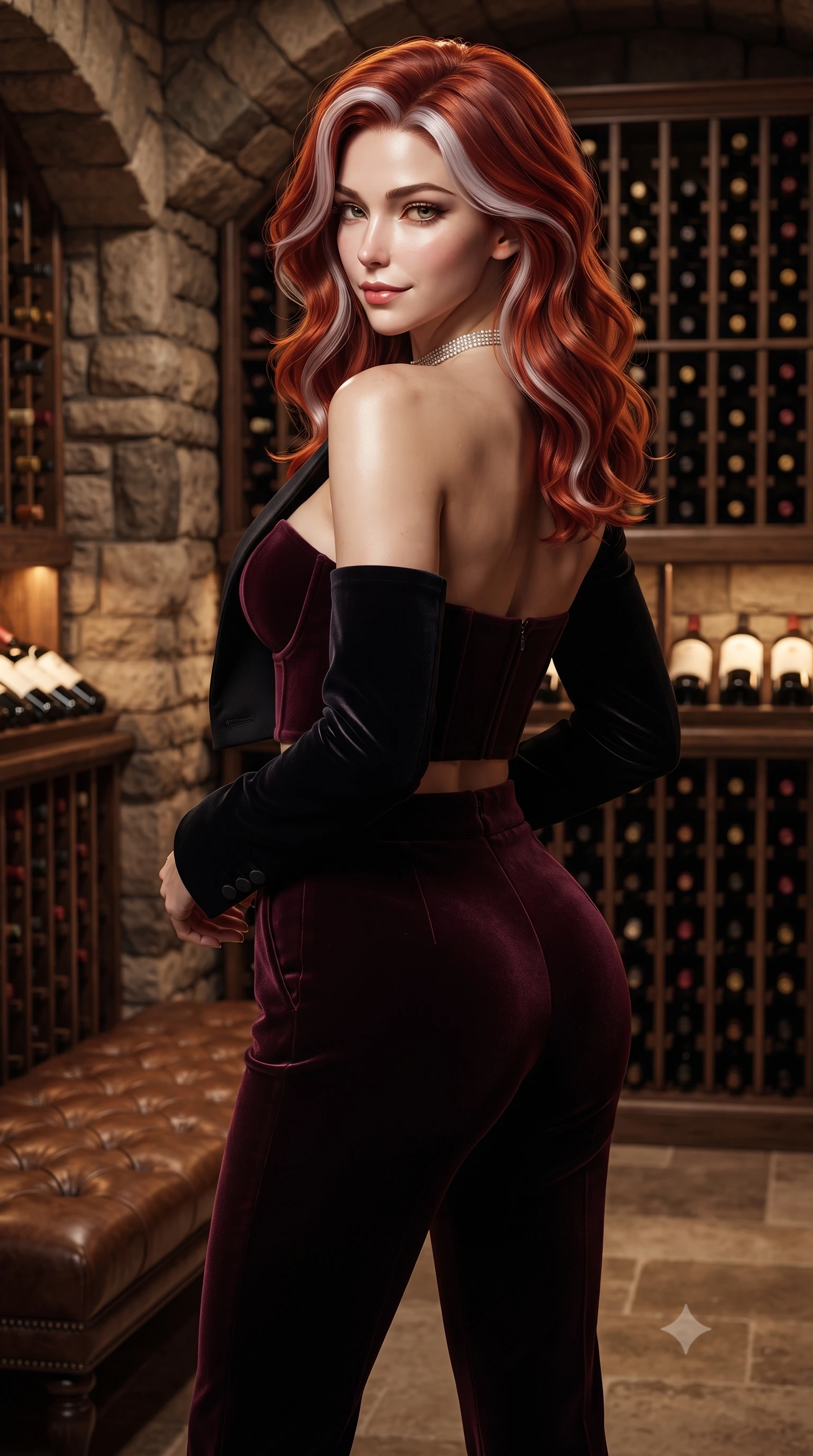 score_9, masterpiece, best quality, ultra-detailed, high-budget anime keyframe, editorial fashion photography, tasteful artistic composition, Caucasian woman. close-up cowboy shot from the waist and thighs up, the character dominates the composition, filling the frame with her large presence. posing in an alluring rear three-quarter angle, turning over a bare shoulder with an intoxicating, smoldering gaze, her hips cocked back to highlight her slim hourglass curve while standing poised between floor-to-ceiling vintage oak wine racks, twisting her slender torso in an alluring contrapposto stance with a dangerous half-smile. The surrounding environment is rendered in vivid detail and crisp panoramic clarity. sharp rough-hewn cellar stone masonry, polished wine bottle glass labels, and aged leather button-tufting in deep focus. She has an exceptionally elegant, slender, and willowy female figure with an ultra-slim waist, flat toned midriff, narrow ribcage, and sculpted feminine hips creating an alluring, slim hourglass silhouette without bulk. sharp v-shaped jawline, high-bridge nose, intricate jewel-like dark sparkling eyes with dangerous depth, thick curled eyelashes, glossy parted lips with a rich wine sheen, smoldering seductive half-smile with bedroom-eyes, exuding effortless superiority and intoxicating dark allure, flawlessly proportioned anatomical accuracy, strict slender model proportions, natural body alignment, perfectly sculpted long slender limbs, ultra-slim waistline, clean dynamic posture without body distortion. wearing a tailored cropped midnight-black tuxedo blazer worn over a structured bustier top and high-waisted cigarette trousers in deep wine burgundy and lustrous obsidian, tailored from crushed dark velvet with deep light-absorbing plush texture, finished with a delicate diamond choker catching the chandelier light, the form-fitting cut adhering flawlessly to her sculpted flat midriff and slender torso, emphasizing her long leg lines and perfectly proportioned willowy build. illuminated by focused amber key light and dark bronze rim light carving her razor-sharp jawline, narrow waist, and curvy hips. ultra-reflective glossy finish, specular highlights, rich textural contrasts, high-contrast stereoscopic depth, volumetric dynamic lighting, 2k, ultra detail, master piece, 9:16 ratio