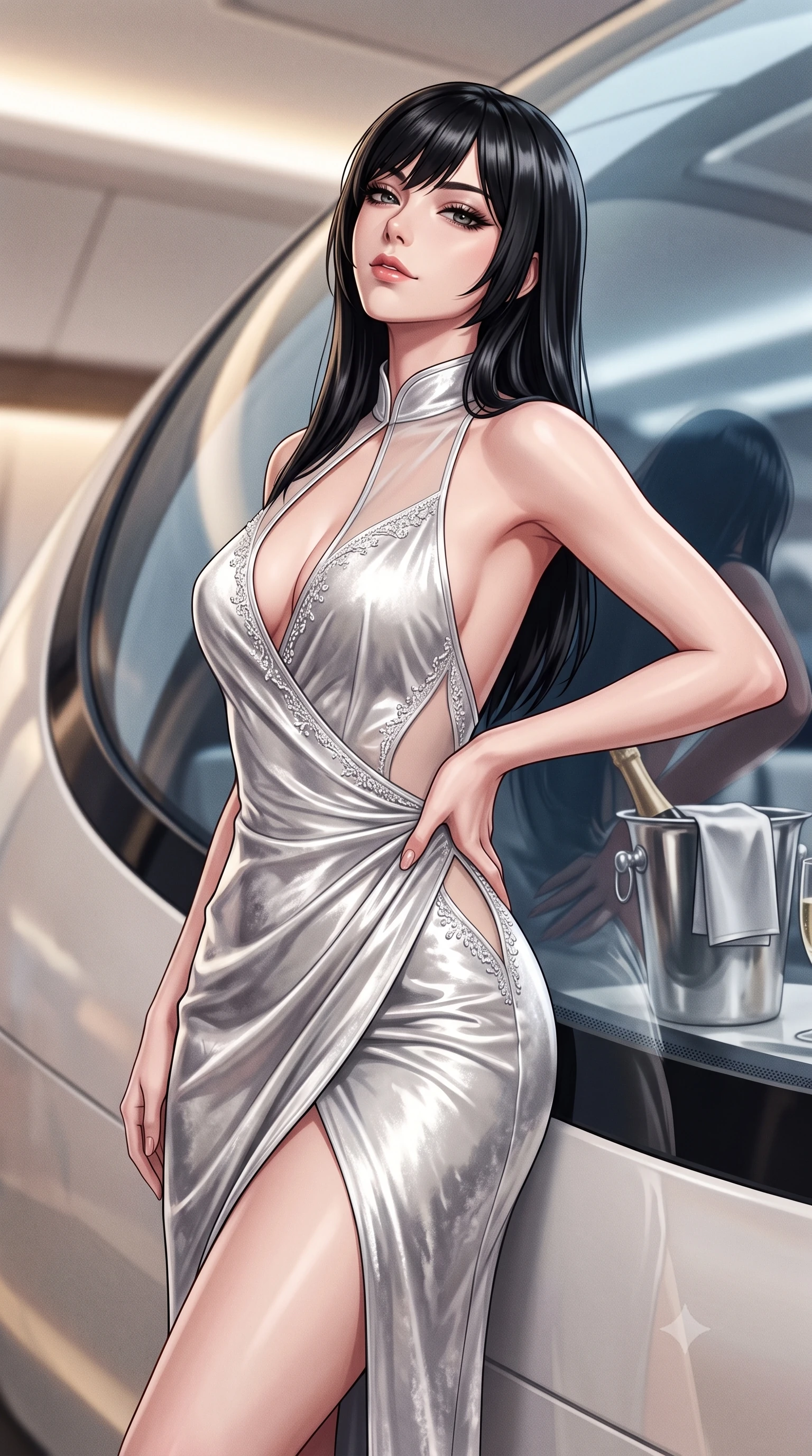 score_9, masterpiece, best quality, ultra-detailed, high-budget anime keyframe, semi-realistic 3D game render, editorial fashion photography, tasteful artistic composition, Caucasian woman. close-up cowboy shot from the waist and thighs up, the character dominates the composition, filling the frame with her large presence. tilting her chin up with proud, sovereign allure while gazing through thick eyelashes, one hand resting on her waist in pure supermodel charisma while leaning against the aerodynamic windscreen with hips cocked back, looking over her bare shoulder with an audacious, jet-set heiress smile. The composition keeps background elements in soft focus with creamy bokeh. aerodynamic penthouse bulkheads and crystal champagne buckets softened in ultra-luxury shallow focus. She has an exceptionally elegant, slender, and willowy female figure with an ultra-slim waist, flat toned midriff, narrow ribcage, and sculpted feminine hips creating an alluring, slim hourglass silhouette without bulk. sharp v-shaped jawline, high-bridge nose, intricate jewel-like eyes with depth, thick eyelashes, glossy parted lips with a natural sheen, intensely captivating and seductive bedroom-eyes expression, flawlessly proportioned anatomical accuracy, strict slender model proportions, natural body alignment, perfectly sculpted long slender limbs, ultra-slim waistline, clean dynamic posture without body distortion. wearing a wet-look silk fusion wrap dress with asymmetrical sheer mesh cutouts and high Mandarin collar in shimmering silver mercury and pearl white, crafted from heavyweight crushed silk velvet with liquid vintage luster, finished with delicate crystal frost embroidery tracing the plunging neckline, the precision-cut side openings and low-back scoop framing her graceful spine and the sensual sweep of her slim, toned hips. illuminated by warm white composite floor bounce fill sharply sculpting her razor-sharp jawline, narrow waist, and curvy hips. highly saturated vibrant anime colors, detailed shading with soft gradients, rich glossy textures, high-contrast stereoscopic depth, volumetric dynamic lighting, master piece, 9:16 ratio