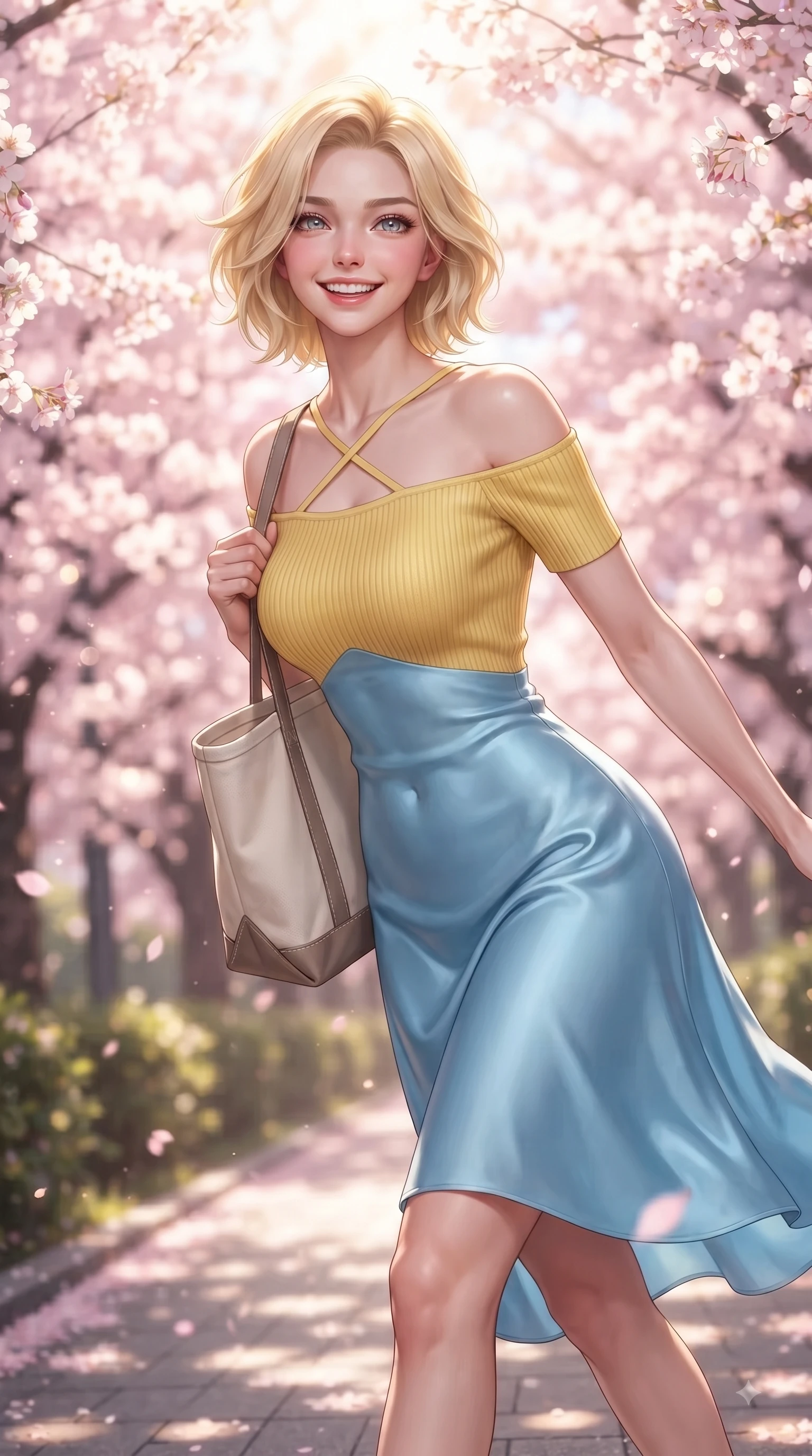 score_9, masterpiece, best quality, ultra-detailed, high-budget anime keyframe, editorial fashion photography, tasteful artistic composition, Caucasian woman. close-up cowboy shot from the waist and thighs up, the character dominates the composition, filling the frame with her large presence. Cheerful beaming smile with sparkling eyes and a fresh girlhood aura, leaning forward with playful grace while stepping along a paved park trail carrying a tote bag with fresh youthful charm. The composition keeps background elements in soft focus with dreamy bokeh. dense cherry blossom canopies blurring into a dreamy glowing pink and white bokeh backdrop. She has an exceptionally elegant, slender, and willowy female figure with an ultra-slim waist, a gracefully sculpted slender torso, and a refined silhouette. sharp v-shaped jawline, high-bridge nose, intricate jewel-like eyes with depth, thick eyelashes, glossy lips with a natural sheen, flawlessly proportioned anatomical accuracy, natural body alignment, perfectly sculpted elegant limbs, clean dynamic posture without body distortion. wearing a sleek off-shoulder ribbed knit dress accentuating her graceful collarbones and slender waist in sunny canary yellow and clear sky blue, crafted from smooth liquid silk satin, finished with delicate criss-cross back straps highlighting her bare shoulders, the tailored fabric tightly following every curve of her athletic build. bathed in bright morning sunbeams and warm golden sakura backlighting. ultra-reflective glossy finish, specular highlights, metallic sheen, high-contrast stereoscopic depth, volumetric dynamic lighting, 2k, ultra detail, master piece, 9:16 ratio