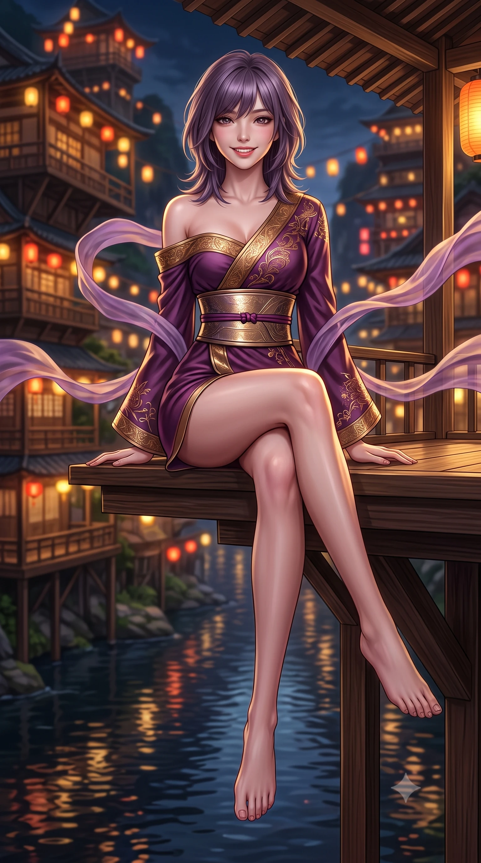 score_9, masterpiece, best quality, ultra-detailed, high-budget anime keyframe, semi-realistic 3D game render, editorial fashion photography, tasteful artistic composition, Japanese woman. low angle full-body shot from head to toe showing her feet, filling the entire 9:16 vertical frame with her statuesque presence, stretching her vertical silhouette. sitting perched on the elevated pavilion terrace edge with legs crossed and hips angled toward the camera, displaying her toned midriff and long slender limbs with joyful, coquettish charm while lounging in a private tea lounge booth with legs crossed, her high-slit silk dress commanding the futuristic Spirited-Away-style cliffside view. The background shows a soft-focus tiers of intricately stacked wooden stilt houses illuminated in blazing gold and crimson blurred into amber, gold, and ruby bokeh. She has an absolutely perfect, statuesque 8.5-heads proportion, an exceptionally tall and slender model-like female figure with impossibly long slender legs, an ultra-slim waist, a flat toned midriff, narrow delicate ribcage, and beautifully sculpted feminine hips creating a graceful, slim hourglass silhouette without any bulky heaviness. sharp v-shaped jawline, high-bridge nose, intricate jewel-like dark sparkling almond eyes with depth, thick lashes, glossy parted lips with a natural rose-plum sheen, bright alluring and coquettish smile with bedroom-eyes, exuding both timeless oriental elegance and sovereign high-fashion allure, flawlessly proportioned anatomical accuracy, strict slender model proportions, natural body alignment, perfectly sculpted long slender limbs, ultra-slim waistline, clean dynamic posture without body distortion. wearing an asymmetric off-shoulder cyber-kimono mini dress with a wide metallic obi corset belt accentuating her narrow waist in rich plum violet and gilded bronze embroidery, made of supple second-skin stretch silk jersey clinging flawlessly to her form, accented with flowing gossamer silk ribbons that flutter dynamically in the evening breeze, the glove-like silhouette tightly following the natural contour of her hips and long slender legs with youthful 8.5-heads elegance. illuminated by dark river surface reflection bounce and sharp gold rim lighting sculpting her razor-sharp jawline, narrow waist, and curvy hips. highly saturated vibrant anime colors, detailed shading with soft gradients, rich glossy textures, high-contrast stereoscopic depth, volumetric dynamic lighting, master piece, 9:16 ratio