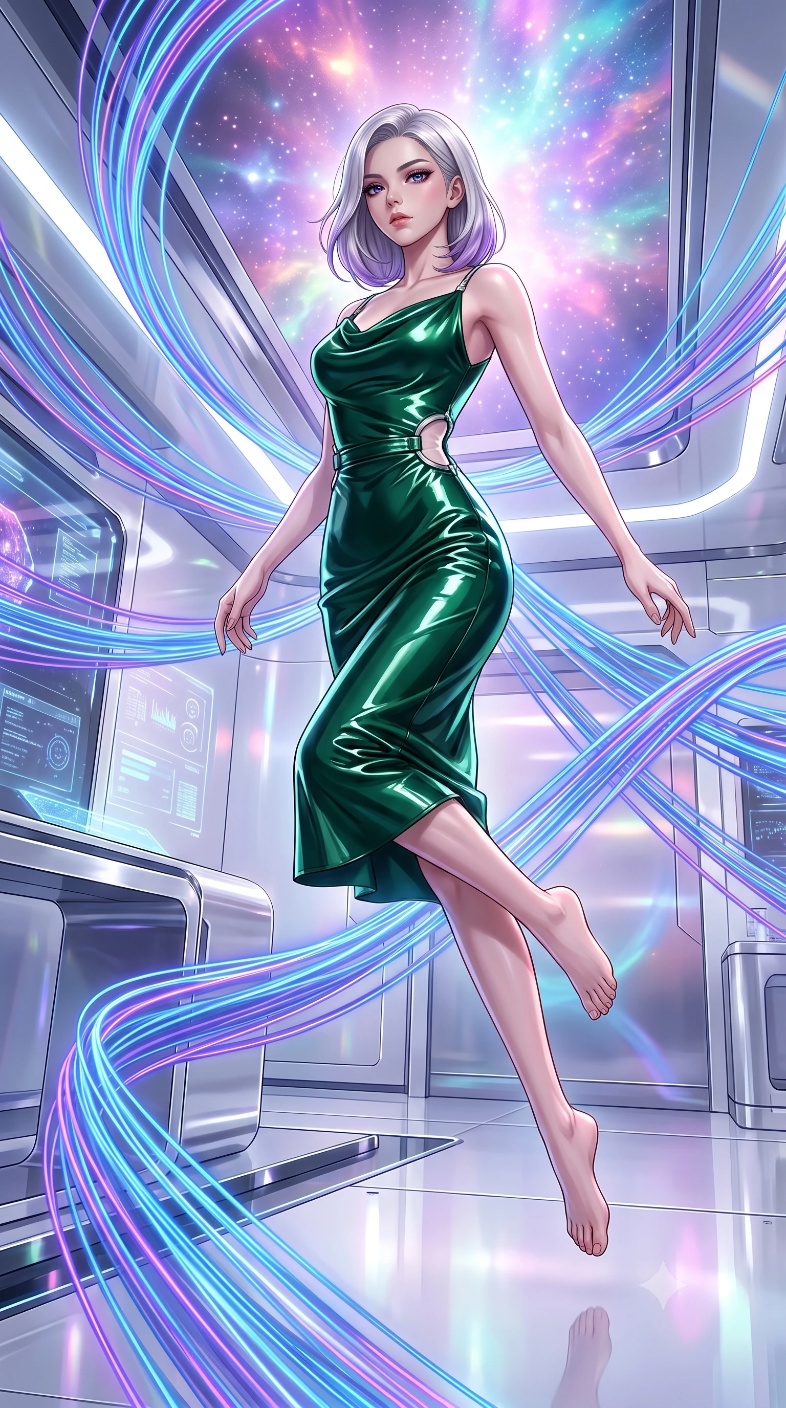 score_9, masterpiece, best quality, ultra-detailed, high-budget anime keyframe, editorial fashion photography, tasteful artistic composition, Caucasian woman. low angle full-body shot from head to toe showing her feet, filling the entire 9:16 vertical frame with her statuesque presence, stretching her vertical silhouette. leaping gracefully through the environment with statuesque elegance and long slender legs threading neon fiber-optic ribbons in a futuristic laboratory room, sleek reflective white and chrome surfaces emphasizing ultra-clean lines. She has an absolutely perfect, statuesque 8.5-heads proportion, an exceptionally tall and slender model-like female figure with impossibly long slender legs and an ultra-slim waist. sharp v-shaped jawline, high-bridge nose, intricate jewel-like eyes with depth, thick eyelashes, glossy lips with a natural sheen. wearing an elegant cowl-neck satin midi dress with a draped neckline in deep emerald green and silver accent, tailored from high-gloss patent leather, accented with delicate chrome ring hardware framing her waist, the sleek second-skin texture accentuating her magnetic presence. illuminated by radiant cosmic nebula light and glowing holographic displays. highly saturated vibrant anime colors, detailed shading with soft gradients, rich glossy textures, high-contrast stereoscopic depth, volumetric dynamic lighting, master piece, 9:16 ratio