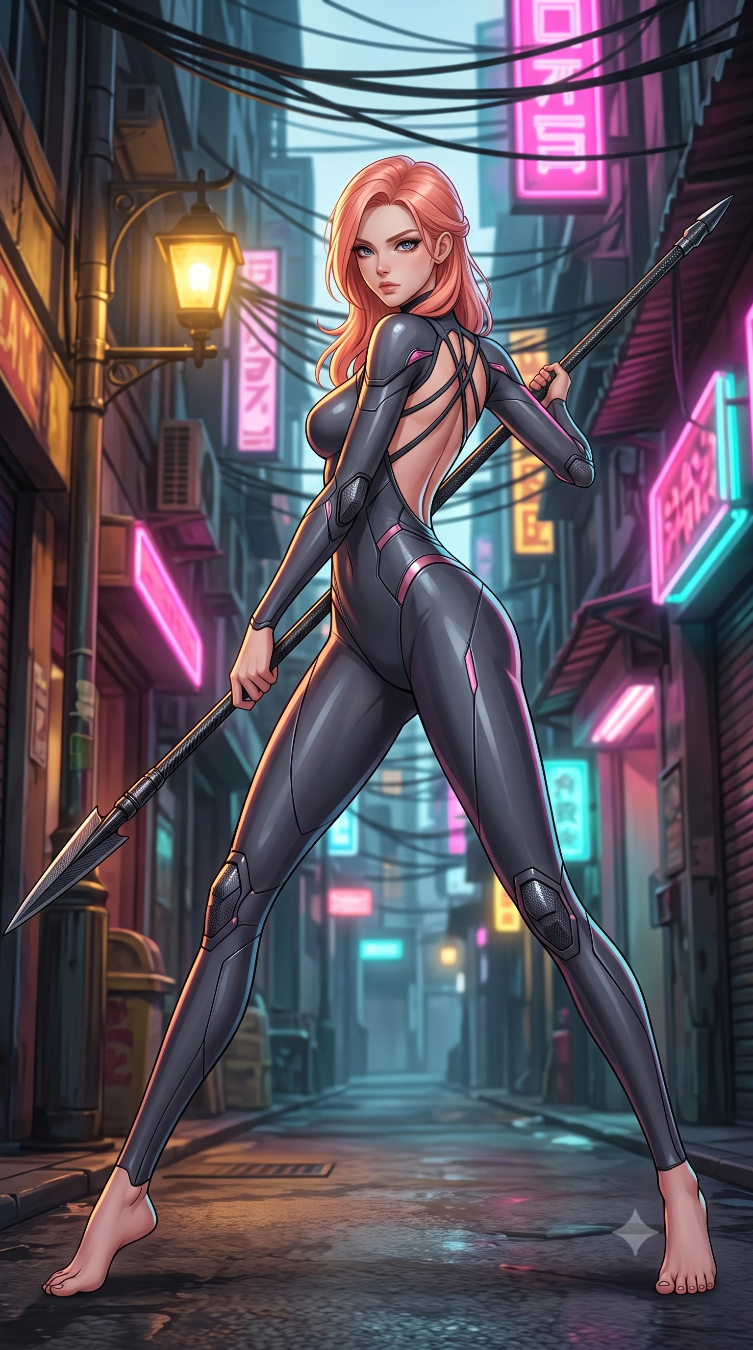 score_9, masterpiece, best quality, ultra-detailed, high-budget anime keyframe, editorial fashion photography, tasteful artistic composition, Japanese woman. low angle full-body shot from head to toe showing her feet, filling the entire 9:16 vertical frame with her statuesque presence, stretching her vertical silhouette. standing in a dynamic combat stance with a carbon-fiber spear held diagonally, stretching her statuesque body, the background shows a soft-focus a narrow cyber-bazaar alleyway under a dense canopy of hanging cables and wires. She has an absolutely perfect, statuesque 8.5-heads proportion, an exceptionally tall and slender model-like female figure with impossibly long slender legs and an ultra-slim waist. sharp v-shaped jawline, high-bridge nose, intricate jewel-like eyes with depth, thick eyelashes, glossy lips with a natural sheen. wearing a form-contouring low-cut cybernetic bodysuit with open-back design and thin structural straps crossing her bare shoulder blades. warm sodium yellow streetlamps contrasting with sharp electric pink accents. highly saturated vibrant anime colors, detailed shading with soft gradients, rich glossy textures, high-contrast stereoscopic depth, volumetric dynamic lighting, master piece, 9:16 ratio