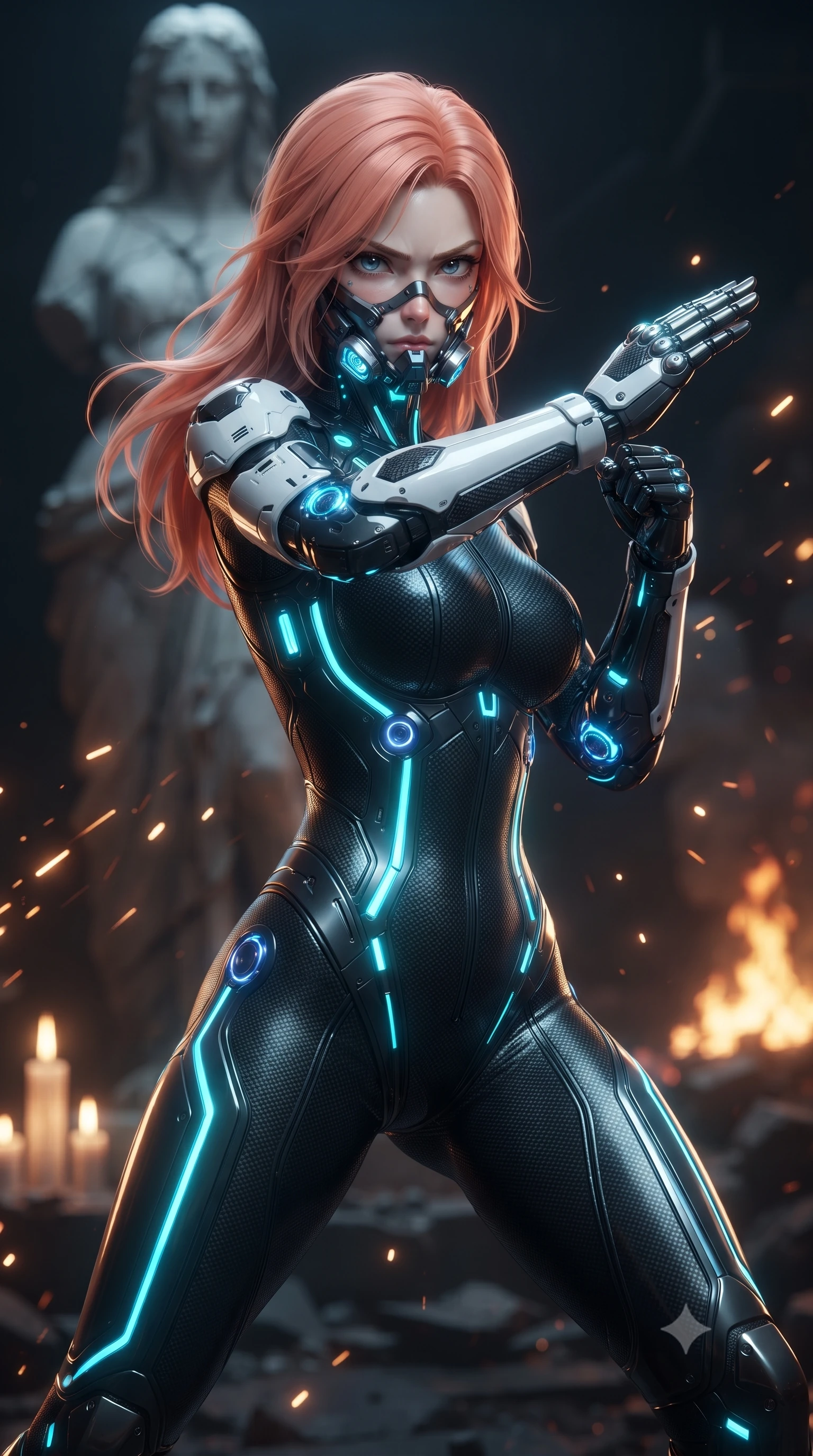 score_9, masterpiece, best quality, ultra-detailed, high-budget anime keyframe, editorial fashion photography, tasteful artistic composition, Japanese woman. close-up cowboy shot from the waist and thighs up, the character dominates the composition, filling the frame with her large presence. twisting her upper body in a dynamic S-curve martial arts stance, cybernetic elbow dampers glowing with blue energy as she aims a focused palm strike while pivoting dynamically beside a colossal fractured saint statue, her kinetic knuckle dampers glowing with intense blue energy. The composition keeps background elements in soft focus with creamy bokeh. sparks from severed high-voltage conduits scattering radiant light motes across a dark sacred battlefield. She has an exceptionally elegant, slender, and willowy female figure with an ultra-slim waist, a gracefully sculpted slender torso, toned flat midriff, and a refined slim silhouette. sharp v-shaped jawline, high-bridge nose, intricate jewel-like eyes with depth, thick eyelashes, glossy lips with a natural sheen, fierce and resolute heroine expression, flawlessly proportioned anatomical accuracy, strict slender model proportions, natural body alignment, perfectly sculpted long slender limbs, ultra-slim waistline, clean dynamic posture without body distortion. wearing a sleek titanium half-face combat rebreather guard protecting her lower jaw while leaving her expressive eyes and long hair flowing freely, paired with a skin-tight dark carbon-weave combat bodysuit with glowing neon energy conduits and reinforced Damascus-pattern forearm strike guards in monochrome white enamel carbon with high-contrast black tactical panels, formed from high-gloss patent carbon-plating with specular dystopian chiaroscuro reflections, finished with high-mobility flexible armor articulation seams and miniature magnetic locks, the precision-cut daring openings accentuating her delicate midriff, graceful bare collarbones, and ultra-slim feminine waistline. bathed in flickering candlelight and blazing fires with cool cyan kinetic energy backlighting. ultra-reflective glossy finish, specular highlights, dark metallic sheen, high-contrast stereoscopic depth, volumetric dynamic lighting, 2k, ultra detail, master piece, 9:16 ratio