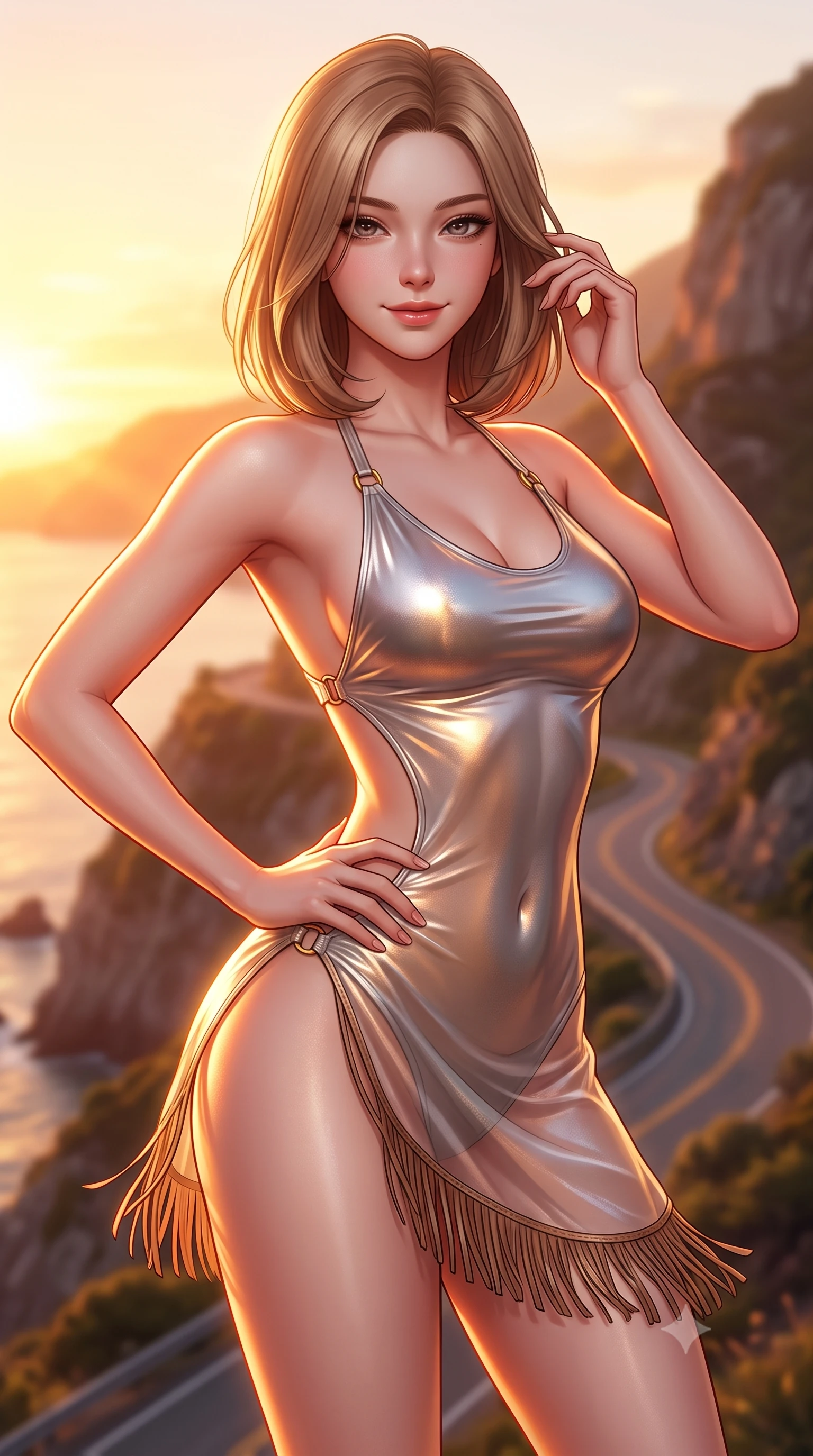 score_9, masterpiece, best quality, ultra-detailed, high-budget anime keyframe, semi-realistic 3D game render, editorial fashion photography, tasteful artistic composition, Korean woman. close-up cowboy shot from the waist and thighs up, the character dominates the composition, filling the frame with her large presence. twisting her slender torso in an alluring contrapposto stance, one hand resting on her sculpted hip while her fingers toy with her hair with effortless poise while twisting her slender torso in an alluring S-curve, fiery sunset rays tracing her form-fitting outfit and curvy hips. The background shows a soft-focus winding coastal serpentine roads softened in dramatic sunset cliff shallow focus. She has an exceptionally elegant, slender, and willowy female figure with an ultra-slim waist, flat toned midriff, narrow ribcage, and sculpted feminine hips creating an alluring, slim hourglass silhouette without bulk. sharp v-shaped jawline, high-bridge nose, sparkling eyes with hypnotic seductive depth, thick curled eyelashes, glossy parted lips with a natural dewy peach sheen, alluring bedroom-eyes with an enchanting coquettish smile, exuding magnetic siren charisma and sophisticated glamour, flawlessly proportioned anatomical accuracy, strict slender model proportions, natural body alignment, perfectly sculpted long slender limbs, ultra-slim waistline, clean dynamic posture without body distortion. wearing a liquid metallic lamé one-piece swim dress clinging like a second skin with hip-high side cutouts in high-contrast coastal monochrome with gold hardware, made of sheer gossamer chiffon that drapes softly against skin with airy translucence, finished with a delicate leather fringe trim fluttering along her hip line with kinetic charm, the liquid-tight tailored fabric clinging flawlessly to her narrow waist and rounded feminine hips, emphasizing every millimeter of her sculpted slim hourglass curves without any bulky heaviness. bathed in molten golden hour sunset light flooding horizontally across the sea cliffs. highly saturated vibrant anime colors, detailed shading with soft gradients, rich glossy textures, high-contrast stereoscopic depth, volumetric dynamic lighting, master piece, 9:16 ratio