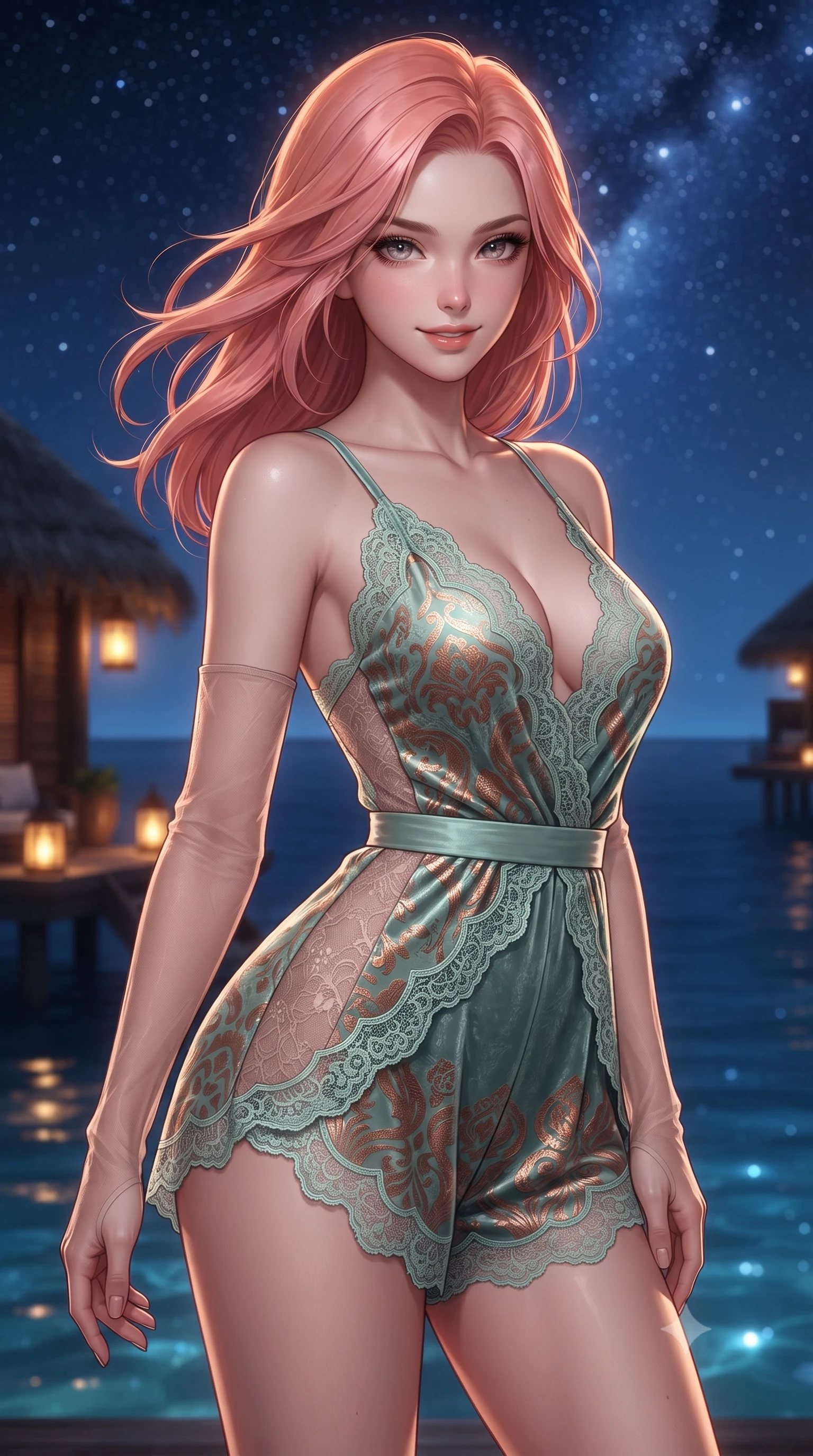 score_9, masterpiece, best quality, ultra-detailed, high-budget anime keyframe, editorial fashion photography, tasteful artistic composition, Japanese woman. close-up cowboy shot from the waist and thighs up, the character dominates the composition, filling the frame with her large presence. turning slowly with an enchanting smoldering smile, her glossy hair tossing in the breeze as her hips angle gracefully in a captivating contrapposto while twisting her slender torso in an alluring S-curve, warm equatorial ocean breezes fluttering her sheer wrap around her long slender legs and curvy hips. The background shows a soft-focus endless dark Indian Ocean horizon meeting brilliant starry sky, thatched villa roofs lit by warm amber lanterns, and gentle lagoon ripples blurred into sapphire, honey, and starlight bokeh. She has an exceptionally elegant, slender, and willowy female figure with an ultra-slim waist, flat toned midriff, narrow ribcage, and sculpted feminine hips creating an alluring, slim hourglass silhouette without bulk. sharp v-shaped jawline, high-bridge nose, sparkling eyes with hypnotic seductive depth, thick curled eyelashes, glossy parted lips with a natural dewy peach sheen, alluring bedroom-eyes with an enchanting coquettish smile, exuding magnetic siren charisma and sophisticated glamour, flawlessly proportioned anatomical accuracy, strict slender model proportions, natural body alignment, perfectly sculpted long slender limbs, ultra-slim waistline, clean dynamic posture without body distortion. wearing a plunge-neck stretch velvet romper with scalloped eyelash-lace hems and a cinched waist ribbon in Moroccan mint green and hammered copper, made of delicate semi-sheer French Chantilly lace with intricate eyelash edges, complemented by sheer opera-length evening gloves tracing her slender arms, the high-slit wrap tailoring accentuating her ultra-slim waistline and the enchanting curve of her feminine hips with alluring seductive charm. bathed in warm 2600K amber under-deck courtesy LED lights combined with pure silver full moonlight. ultra-reflective glossy finish, specular highlights, rich textural contrasts, high-contrast stereoscopic depth, volumetric dynamic lighting, 2k, ultra detail, master piece, 9:16 ratio