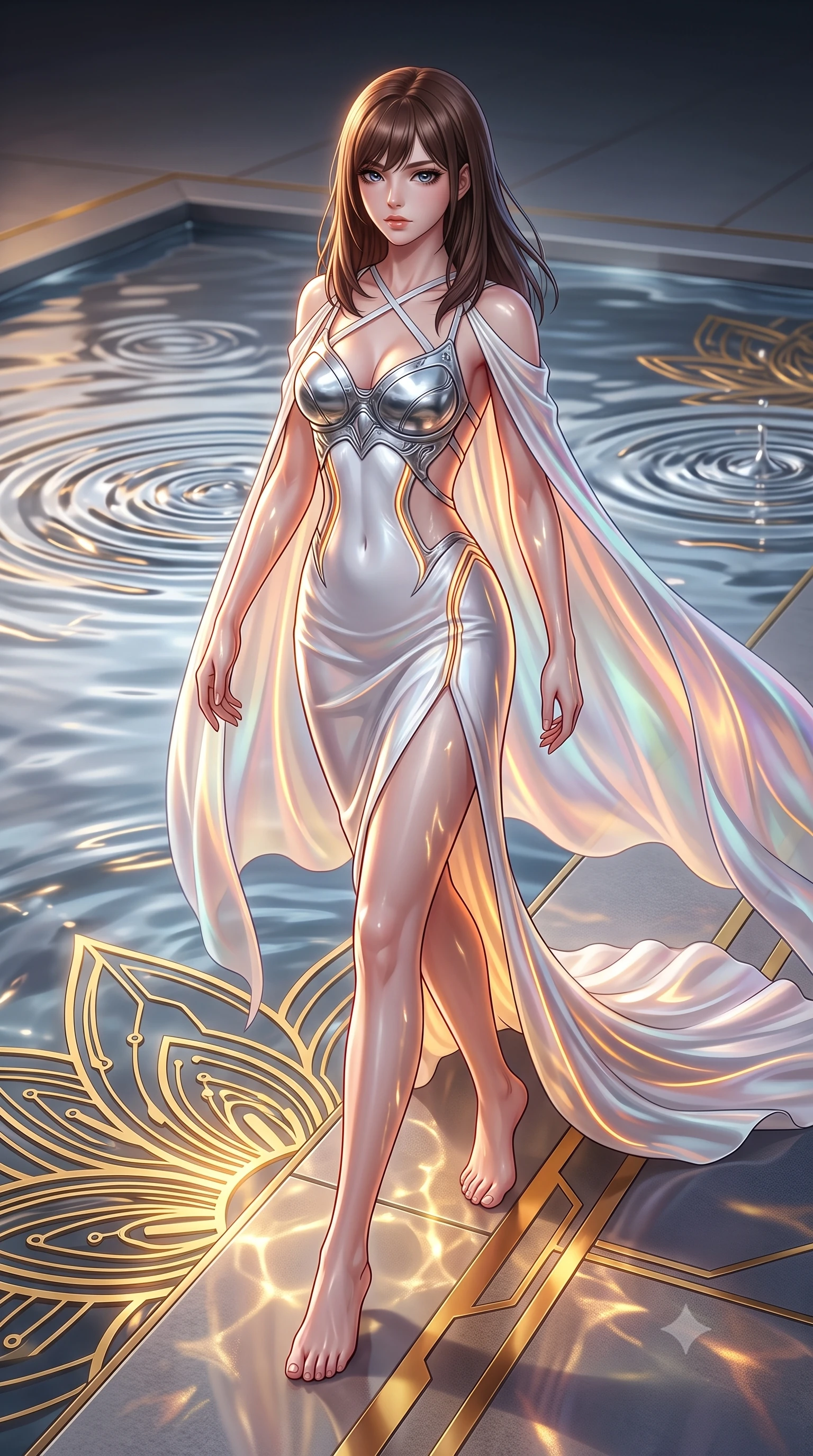 score_9, masterpiece, best quality, ultra-detailed, high-budget anime keyframe, semi-realistic 3D game render, editorial fashion photography, tasteful artistic composition, Korean woman. low angle full-body shot from head to toe showing her feet, filling the entire 9:16 vertical frame with her statuesque presence, stretching her vertical silhouette. striding forward with commanding supermodel grace, her 8.5-heads statuesque silhouette dominating the vertical frame from head to toe while stepping along the pool edge with an ethereal, captivating gaze as golden circuit lines pulse beneath the liquid metal. The surrounding environment is rendered in vivid detail and crisp panoramic clarity. razor-sharp circuit lotus petal engravings, liquid mercury surface tension ripples, and gold inlays in deep focus. She has an absolutely perfect, statuesque 8.5-heads proportion, an exceptionally tall and slender model-like female figure with impossibly long slender legs, a toned flat midriff, and an ultra-slim waist. sharp v-shaped jawline, high-bridge nose, intricate jewel-like eyes with depth, thick eyelashes, glossy lips with a natural sheen, flawlessly proportioned anatomical accuracy, strict slender model proportions, natural body alignment, perfectly sculpted long slender limbs, ultra-slim waistline, clean dynamic posture without body distortion. wearing a form-contouring white liquid-mercury gown with polished silver biomechanical breastplate and flowing luminescent chiffon cape in high-contrast monochrome white enamel and glowing amber lines, made of smooth flowing silk chiffon that shifts colors with movement, complemented by criss-cross back straps highlighting her completely bare spine, the precision-cut daring openings accentuating her delicate midriff, graceful bare collarbones, and ultra-slim feminine waistline. bathed in warm golden circuit lotus uplights and glittering liquid mercury caustics. rich saturated anime colors with glowing neon highlights, detailed shading with soft gradients, rich glossy textures, high-contrast stereoscopic depth, volumetric dynamic lighting, master piece, 9:16 ratio