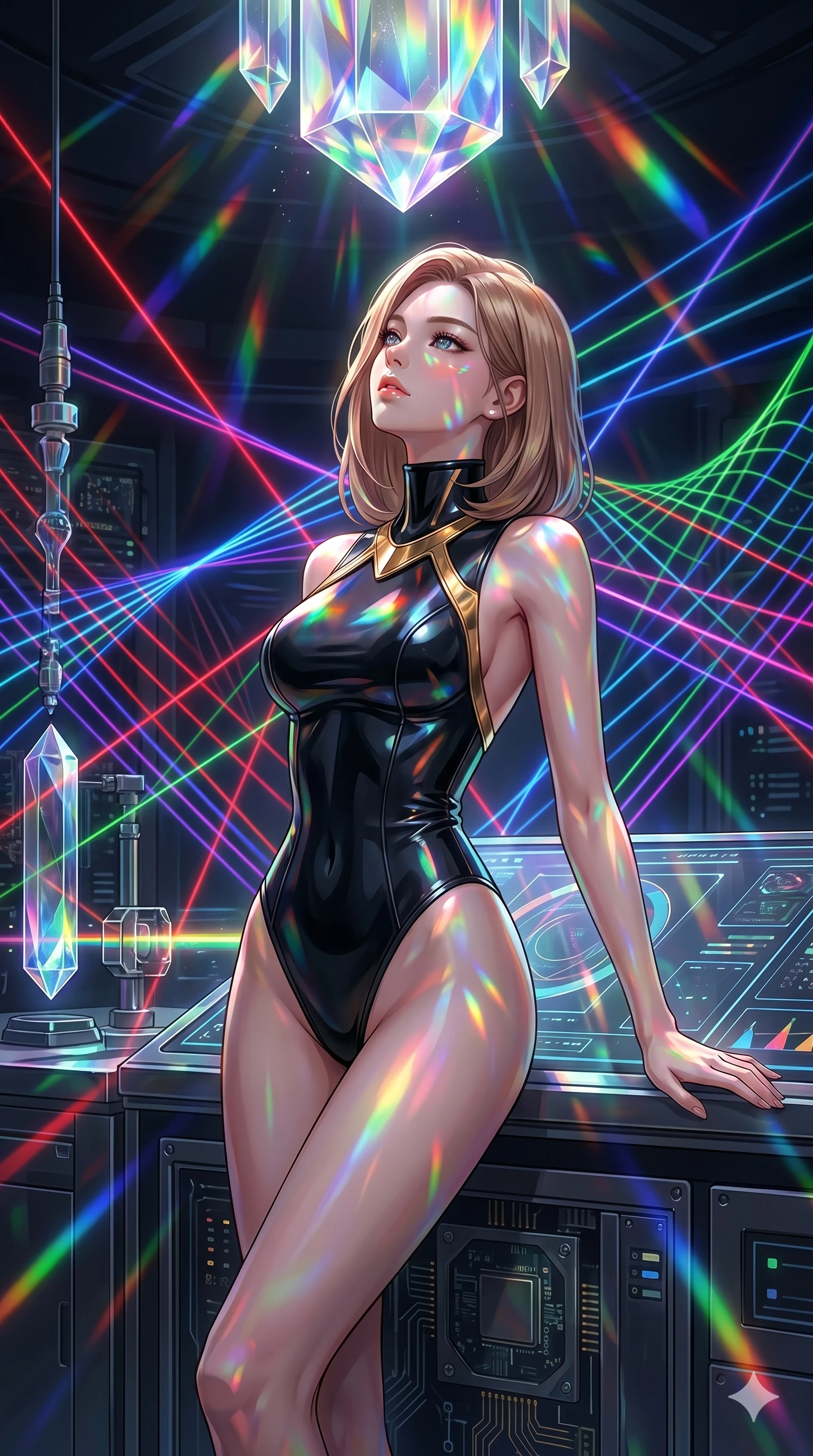 score_9, masterpiece, best quality, ultra-detailed, high-budget anime keyframe, editorial fashion photography, tasteful artistic composition, Korean woman. cowboy shot from the thighs up, character and outfit filling the frame for maximum editorial presence. Glancing upward with a thoughtful, dreamy expression, the light catching her glossy lips inside a quantum field laboratory where colorful laser beams intersect to form light lattices. She has an absolutely perfect 8-heads proportion, an exceptionally tall and slender female figure with impossibly long slender legs and an ultra-slim waist. V-shaped jawline, high-bridge nose, intricate jewel-like eyes with depth, thick eyelashes, glossy lips with a natural sheen. wearing an architectural black latex bodysuit with gold-plated collarbone accents and a backless design. illuminated by refracted rainbow light from a crystal prism overhead, coloring her face and outfit. 2k, ultra detail, master piece, 9:16 ratio