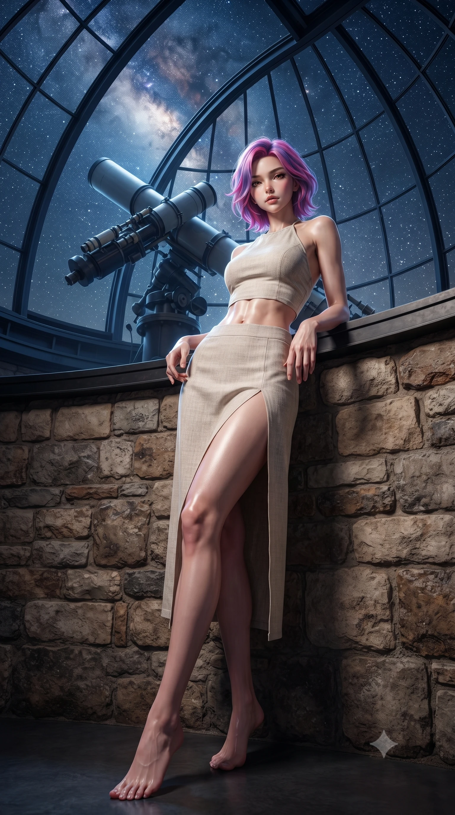 score_9, masterpiece, best quality, ultra-detailed, high-budget anime keyframe, editorial fashion photography, tasteful artistic composition, Caucasian woman. low angle full-body shot from head to toe showing her feet, filling the entire 9:16 vertical frame with her statuesque presence, stretching her vertical silhouette. leaning back against a rustic stone wall, casting a slow, alluring gaze at the camera the background shows a soft-focus a grand celestial observatory dome with a giant telescope under a starry galaxy sky. She has an absolutely perfect, statuesque 8.5-heads proportion, an exceptionally tall and slender model-like female figure with impossibly long slender legs and an ultra-slim waist. sharp v-shaped jawline, high-bridge nose, intricate jewel-like eyes with depth, thick eyelashes, glossy lips with a natural sheen. wearing a form-contouring linen halter-neck crop top paired with a matching high-slit midi skirt, revealing a sculpted midriff. opal silver starlight filtering through the glass dome, creating a cosmic glow. ultra-reflective glossy finish, specular highlights, metallic sheen, high-contrast stereoscopic depth, volumetric dynamic lighting, 2k, ultra detail, master piece, 9:16 ratio