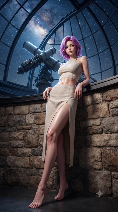 score_9, masterpiece, best quality, ultra-detailed, high-budget anime keyframe, editorial fashion photography, tasteful artistic composition, Caucasian woman. low angle full-body shot from head to toe showing her feet, filling the entire 9:16 vertica