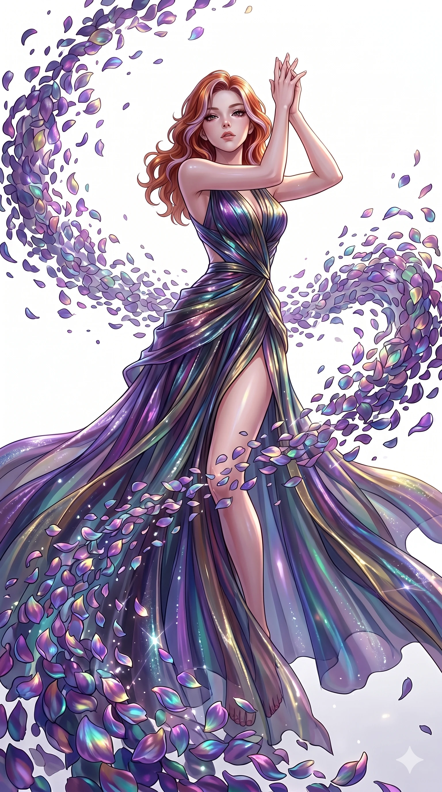 score_9, masterpiece, best quality, ultra-detailed, High-budget Anime Keyframe, East Asian woman. Low angle cowboy shot filling the entire 9:16 frame with her statuesque presence. Scenario 151: Dissolving into a cloud of iridescent silk petals in a void. Her presence is magnetic and overpowering in this high-budget anime scene. Outfit 151: A shimmering chiffon dangerous with a thigh-high slit and wet-look texture. The clothing is designed to emphasize her exceptionally tall and slender 8-heads proportion. 8-heads proportion, towering silhouette, ultra-slim waist. sharp v-shaped jawline, intricate jewel-like eyes with depth, thick eyelashes, glossy lips. 2k, ultra detail, master piece, 9:16 ratio
