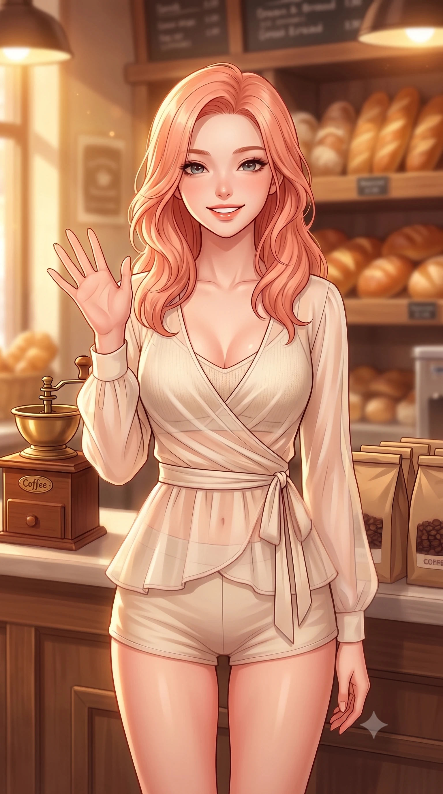 score_9, masterpiece, best quality, ultra-detailed, high-budget anime keyframe, editorial fashion photography, tasteful artistic composition, Japanese woman. close-up cowboy shot from the waist and thighs up, the character dominates the composition, filling the frame with her large presence, background elements kept in soft focus. flashing a sweet, beaming smile while waving one hand gently toward the camera set against a soft-focus background of inside a bustling bakery cafe with display shelves full of fresh bread with a vintage coffee grinder and bags of coffee beans on the counter behind her. She has an exceptionally elegant, slender, and willowy female figure with an ultra-slim waist, a gracefully sculpted slender torso, and a refined silhouette. sharp v-shaped jawline, high-bridge nose, intricate jewel-like eyes with depth, thick eyelashes, glossy lips with a natural sheen. wearing tailored sheer chiffon wrap top in cream, worn over a slim-fit knit bralette and low-cut shorts. warm golden lighting creating a cozy, relaxing weekend mood. highly saturated vibrant anime colors, detailed shading with soft gradients, rich glossy textures, high-contrast stereoscopic depth, volumetric dynamic lighting, master piece, 9:16 ratio