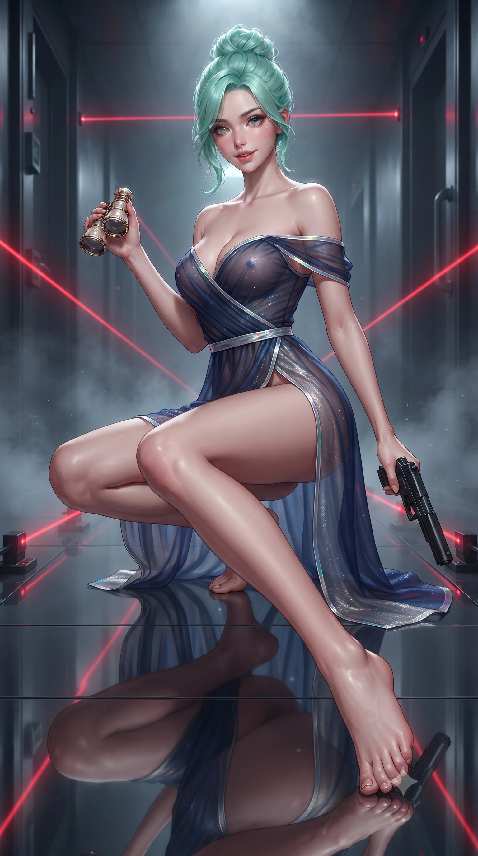 score_9, masterpiece, best quality, ultra-detailed, high-budget anime keyframe, editorial fashion photography, tasteful artistic composition, Japanese woman. low angle full-body shot from head to toe showing her feet, filling the entire 9:16 vertical frame with her statuesque presence, stretching her vertical silhouette. leaning deep against the balcony balustrade with hips cocked back in an unapologetically alluring high-fashion stance, casting an intoxicating glance while crouching low on the polished reflective floor with one leg extended, holding a silenced pistol with effortless femme fatale allure. The surrounding environment is rendered in vivid detail and crisp panoramic clarity: sharp laser emitter diode heads, stainless steel vault door bolts, and polished floor reflection clarity in deep focus. She has an absolutely perfect, statuesque 8.5-heads proportion, an exceptionally tall and slender model-like female figure with impossibly long slender legs, an ultra-slim waist, a flat toned midriff, narrow delicate ribcage, and beautifully sculpted feminine hips creating a graceful, slim hourglass silhouette without any bulky heaviness. sharp v-shaped jawline, high-bridge nose, sparkling eyes with hypnotic seductive depth, thick curled eyelashes, glossy parted lips with a natural dewy peach sheen, alluring bedroom-eyes with an enchanting coquettish smile, exuding magnetic siren charisma and sophisticated glamour, flawlessly proportioned anatomical accuracy, strict slender model proportions, natural body alignment, perfectly sculpted long slender limbs, ultra-slim waistline, clean dynamic posture without body distortion. wearing a delicate sheer gossamer chiffon ballet wrap dress slipping off bare shoulders with a daring hip-high leg slit in deep sapphire navy and metallic silver with holographic trims, made of semi-opaque stretch illusion mesh with soft shadowy contours, accented with an antique mother-of-pearl opera glass held casually in one hand, the liquid-tight tailored fabric clinging flawlessly to her narrow waist and rounded feminine hips, emphasizing every millimeter of her sculpted slim hourglass curves without any bulky heaviness. bathed in intense crimson laser beam illumination cutting through misty dark corridor shadows. ultra-reflective glossy finish, specular highlights, rich textural contrasts, high-contrast stereoscopic depth, volumetric dynamic lighting, 2k, ultra detail, master piece, 9:16 ratio