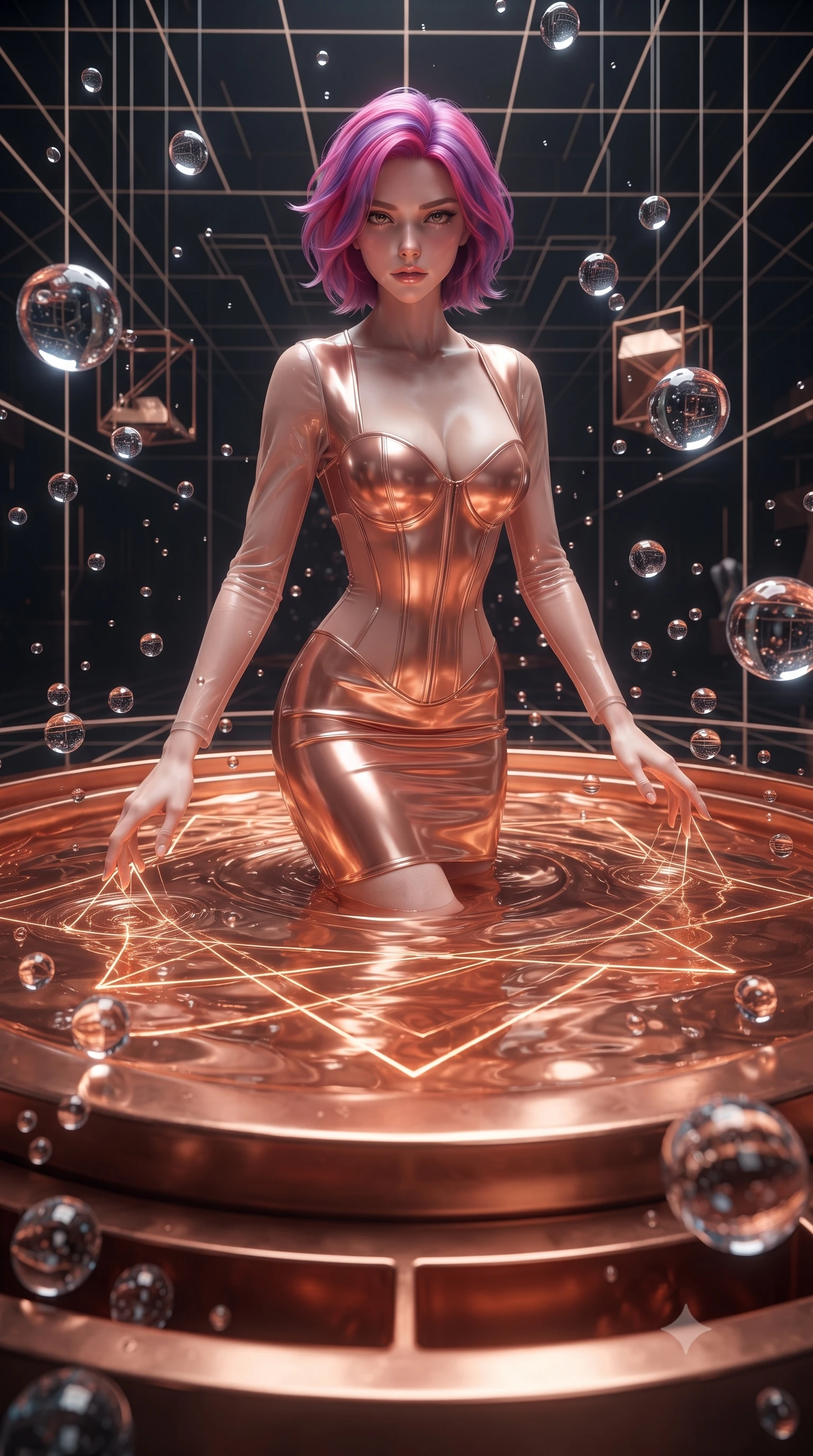 score_9, masterpiece, best quality, ultra-detailed, High-budget Anime Keyframe, editorial fashion photography, tasteful artistic composition, realistic cosplay photography, Caucasian woman, strictly human ears. Low angle cowboy shot filling the entire 9:16 frame with her statuesque presence. Scenario 533: tracing geometric patterns in a pool of warm liquid copper inside a zero-gravity sanctuary filled with floating water spheres. Her presence is magnetic and overpowering in this high-budget cinematic scene. Outfit 533: a tailored rose-gold liquid silk corset dress with sheer sleeves and opaque panels. The clothing is designed to emphasize her exceptionally tall and slender 8-heads proportion. 8-heads proportion, towering silhouette, ultra-slim waist. sharp v-shaped jawline, intricate jewel-like eyes with depth, thick eyelashes, glossy lips. ultra-reflective glossy finish, specular highlights, metallic sheen, high-contrast stereoscopic depth, volumetric dynamic lighting, 2k, ultra detail, master piece, 9:16 ratio