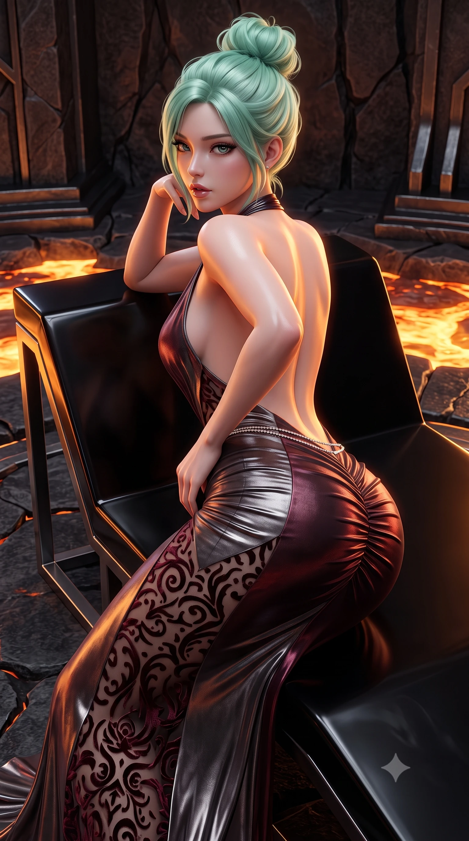 score_9, masterpiece, best quality, ultra-detailed, high-budget anime keyframe, semi-realistic 3D game render, editorial fashion photography, tasteful artistic composition, Japanese woman. close-up cowboy shot from the waist and thighs up, the character dominates the composition, filling the frame with her large presence. posing in an alluring rear three-quarter angle, arching her lower back in a pronounced S-curve with one hand on her hip, glancing seductively over her bare shoulder with parted glossy lips while reclining across a cantilevered black obsidian daybed propped on one elbow, her slender waist and feminine hips illuminated by orange geothermal light. The surrounding environment is rendered in vivid detail and crisp panoramic clarity. detailed gown texture, glowing volcanic reflections on skin, and basalt fracture lines in high clarity. She has an exceptionally elegant, slender, and willowy female figure with an ultra-slim waist, flat toned midriff, narrow ribcage, and sculpted feminine hips creating an alluring, slim hourglass silhouette without bulk. sharp v-shaped jawline, high-bridge nose, intricate jewel-like eyes with depth, thick eyelashes, glossy parted lips with a natural sheen, intensely captivating and seductive bedroom-eyes expression, flawlessly proportioned anatomical accuracy, strict slender model proportions, natural body alignment, perfectly sculpted long slender limbs, ultra-slim waistline, clean dynamic posture without body distortion. wearing a plunging halter-neck metallic lamé column dress with a dramatic bare spine and hip-defining ruching in deep wine burgundy and brushed dark platinum, made of sheer contouring power-mesh with velvet flocking patterns, accented with a dainty diamond waist chain catching the ambient light reflections, the liquid-tight tailored fabric clinging flawlessly to her narrow waist and rounded feminine hips, emphasizing every millimeter of her sculpted slim hourglass curves without any bulky heaviness. illuminated by high-contrast specular rim lights sharply sculpting her razor-sharp jawline, narrow waist, and curvy hips. highly saturated vibrant anime colors, detailed shading with soft gradients, rich glossy textures, high-contrast stereoscopic depth, volumetric dynamic lighting, master piece, 9:16 ratio