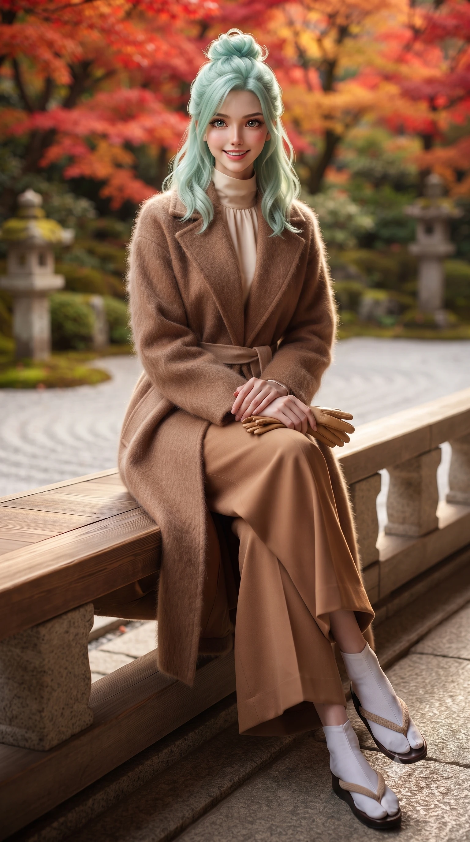 score_9, masterpiece, best quality, ultra-detailed, high-budget anime keyframe, editorial fashion photography, tasteful artistic composition, Japanese woman. low angle full-body shot from head to toe showing her feet, filling the entire 9:16 vertical frame with her statuesque presence, stretching her vertical silhouette. standing poised beside the classical stone balustrade with one foot slightly forward, hands folded loosely before her with regal grace while sitting gracefully on the polished cypress wood engawa veranda, legs turned demurely to the side, smiling with gentle Kyoto serenity. The background shows a soft-focus vibrant crimson and vermilion Japanese maple leaves, raked white gravel zen patterns, and mossy stone lanterns blurred into scarlet, amber, and moss green bokeh. She has an exceptionally tall and slender model-like 8.5-heads proportion, an ultra-slim waist, a flat toned midriff, narrow delicate ribcage, and beautifully sculpted feminine hips creating a graceful, slim hourglass silhouette without any bulky heaviness, with impossibly long slender legs. sharp v-shaped jawline, high-bridge nose, intricate jewel-like sparkling eyes with depth, thick eyelashes, glossy parted lips with a natural peach sheen, bright cheerful beaming smile with an enchanting and coquettish sensual glint, exuding both youthful cute charm and seductive allure, flawlessly proportioned anatomical accuracy, strict slender model proportions, natural body alignment, perfectly sculpted long slender limbs, ultra-slim waistline, clean dynamic posture without body distortion. wearing a modern tailored silk-blend robe coat with minimalist sash belt layered over a high-neck blouse and wide culottes in Saint-Germain camel wool and warm espresso, woven from plush alpaca yarn with a cloud-like fuzzy texture and soft halo, complemented by buttery leather gloves held delicately in one manicured hand, the precision-cut high-waisted tailoring accentuating her ultra-slim waist and long slender leg line with immaculate aristocratic poise. illuminated by white gravel garden bounce and warm vermilion-gold rim lights defining her delicate features, jawline, and graceful silhouette. ultra-reflective glossy finish, specular highlights, rich textural contrasts, high-contrast stereoscopic depth, volumetric dynamic lighting, 2k, ultra detail, master piece, 9:16 ratio