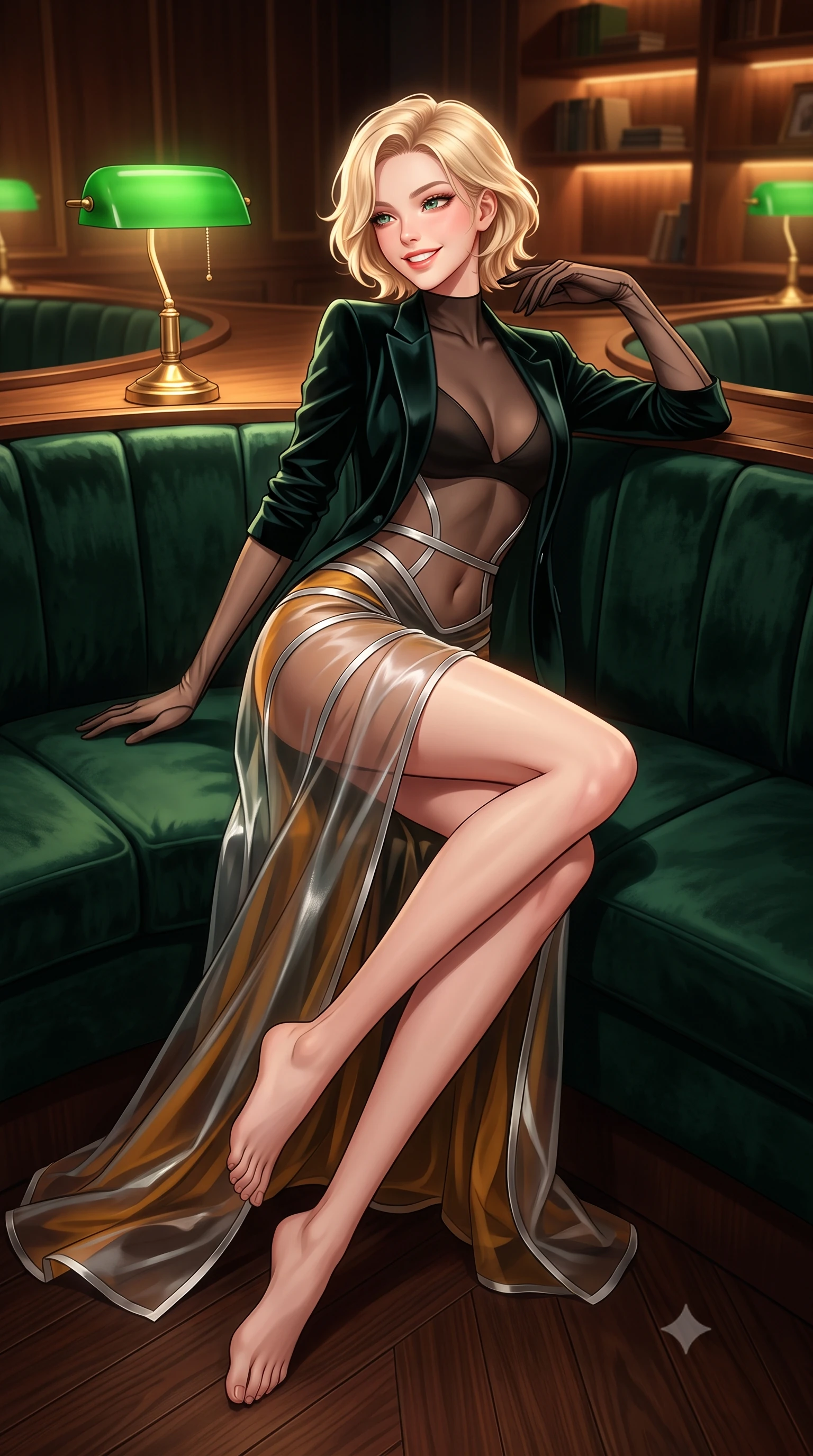score_9, masterpiece, best quality, ultra-detailed, high-budget anime keyframe, semi-realistic 3D game render, editorial fashion photography, tasteful artistic composition, Caucasian woman. low angle full-body shot from head to toe showing her feet, filling the entire 9:16 vertical frame with her statuesque presence, stretching her vertical silhouette. executing a slow, graceful pivot turn as her skirt sways around her slender legs, glancing back with an enchanting, teasing sensual expression while reclining gracefully across the deep emerald velvet curved banquette propped on one elbow, displaying her long slender limbs and statuesque hourglass silhouette. The surrounding environment is rendered in vivid detail and crisp panoramic clarity: detailed tailored liquid velvet smoking blazer unbuttoned over sheer noir mesh underwire bodysuit, and master joinery in razor-sharp precision. She has an exceptionally tall and slender model-like 8.5-heads proportion, an ultra-slim waist, a flat toned midriff, narrow delicate ribcage, and beautifully sculpted feminine hips creating a graceful, slim hourglass silhouette without any bulky heaviness, with impossibly long slender legs. sharp v-shaped jawline, high-bridge nose, intricate jewel-like sparkling eyes with depth, thick eyelashes, glossy parted lips with a natural peach sheen, bright cheerful beaming smile with an enchanting and coquettish sensual glint, exuding both youthful cute charm and seductive allure, flawlessly proportioned anatomical accuracy, strict slender model proportions, natural body alignment, perfectly sculpted long slender limbs, ultra-slim waistline, clean dynamic posture without body distortion. wearing an alluring sheer illusion mesh gown with liquid silver ribbons contouring her flat midriff and curvaceous hips in Hakone steaming sulfur amber and volcanic basalt black, crafted from translucent silk organza with an ethereal crystalline sheen, complemented by sheer opera-length evening gloves tracing her slender arms, the high-slit wrap tailoring accentuating her ultra-slim waistline and the enchanting curve of her feminine hips with alluring seductive charm. bathed in the rich chiaroscuro 2400K incandescent warmth of green banker's lamps and concealed shelf downlights. highly saturated vibrant anime colors, detailed shading with soft gradients, rich glossy textures, high-contrast stereoscopic depth, volumetric dynamic lighting, master piece, 9:16 ratio