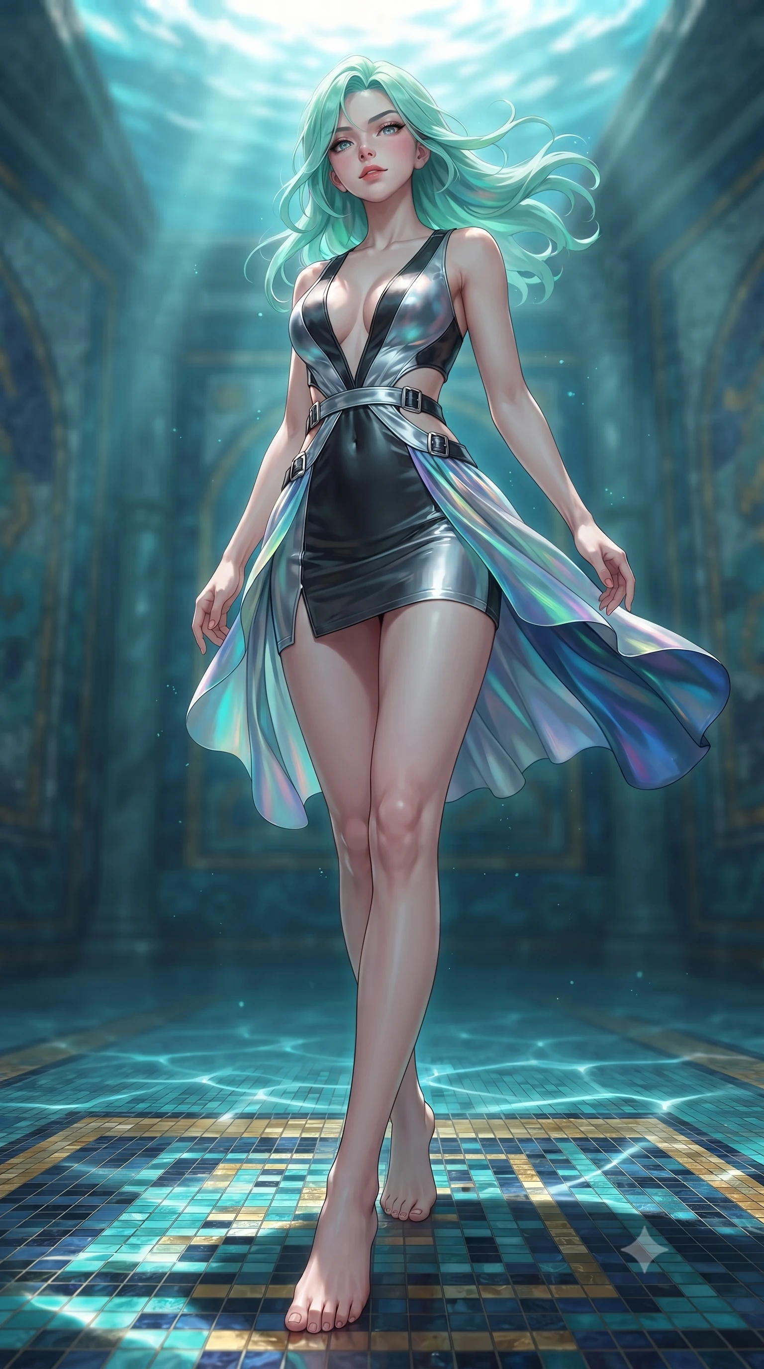 score_9, masterpiece, best quality, ultra-detailed, high-budget anime keyframe, editorial fashion photography, tasteful artistic composition, Japanese woman. low angle full-body shot from head to toe showing her feet, filling the entire 9:16 vertical frame with her statuesque presence, stretching her vertical silhouette. navigating the luminous space with effortless poise, displaying her perfect model proportions gliding over a mosaic marble floor illuminated by caustic water ripples, gentle ocean currents swaying her attire in fluid underwater motions. She has an absolutely perfect, statuesque 8.5-heads proportion, an exceptionally tall and slender model-like female figure with impossibly long slender legs and an ultra-slim waist. sharp v-shaped jawline, high-bridge nose, intricate jewel-like eyes with depth, thick eyelashes, glossy lips with a natural sheen. wearing a liquid mercury gloss mini dress with ultra-deep V-neck and waist cutouts in matte black and polished silver, crafted from iridescent chiffon that shifts colors in the light, detailed with polished silver buckles along the waistline, the form-contouring material highlighting her ultra-slim waist and long lines. bathed in brilliant underwater sunbeams and soft turquoise caustic glow. highly saturated vibrant anime colors, detailed shading with soft gradients, rich glossy textures, high-contrast stereoscopic depth, volumetric dynamic lighting, master piece, 9:16 ratio