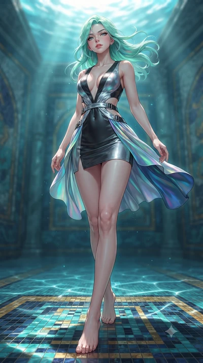 score_9, masterpiece, best quality, ultra-detailed, high-budget anime keyframe, editorial fashion photography, tasteful artistic composition, Japanese woman. low angle full-body shot from head to toe showing her feet, filling the entire 9:16 vertical