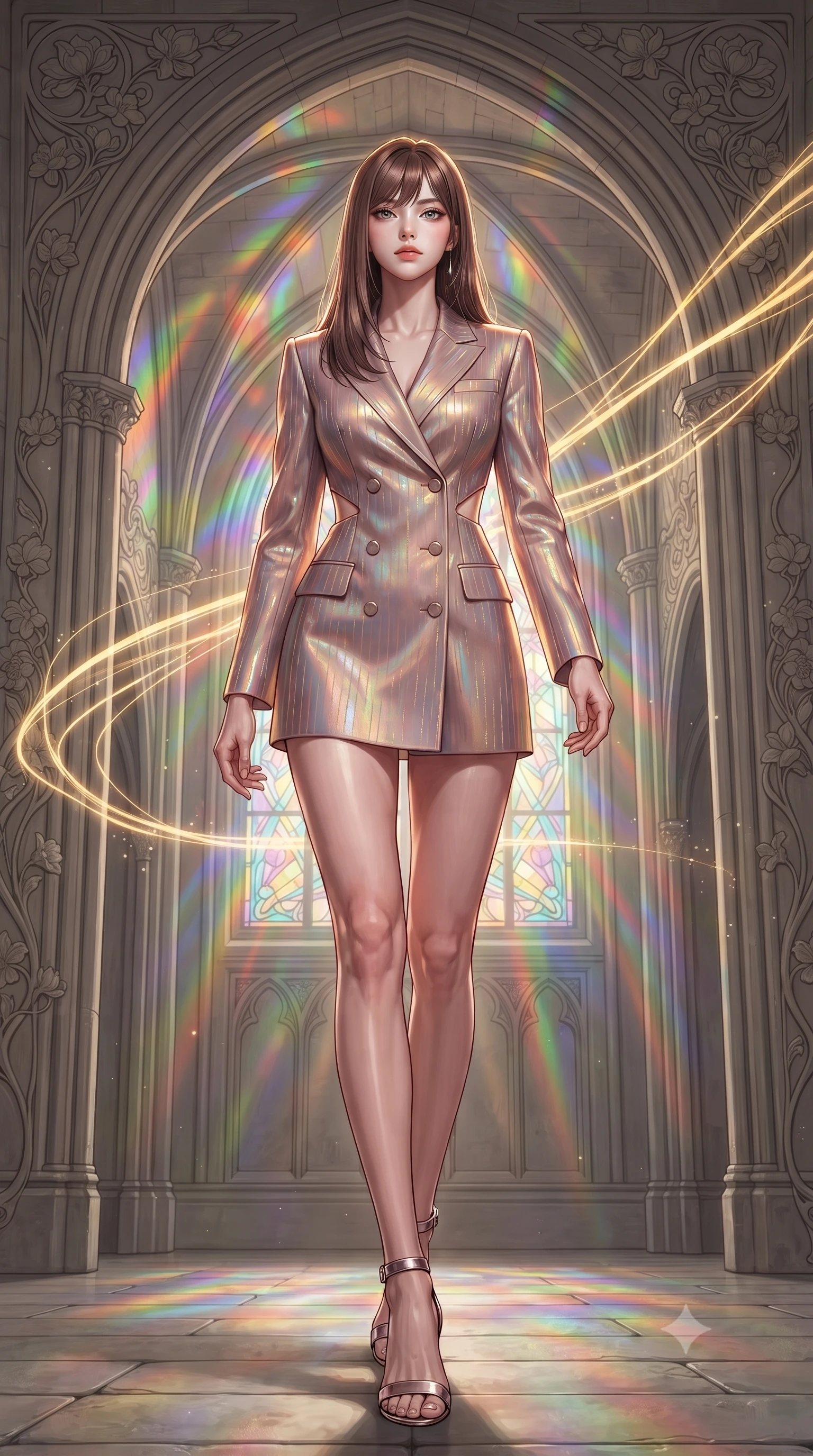 score_9, masterpiece, best quality, ultra-detailed, high-budget anime keyframe, editorial fashion photography, tasteful artistic composition, Korean woman. low angle full-body shot from head to toe showing her feet, filling the entire 9:16 vertical frame with her statuesque presence, stretching her vertical silhouette. stepping forward with proud posture, filling the vertical frame with her magnetic presence guiding glowing choir light threads weaving through majestic vaulted arches, intricate floral Art Nouveau motifs decorating the surrounding stone. She has an absolutely perfect, statuesque 8.5-heads proportion, an exceptionally tall and slender model-like female figure with impossibly long slender legs and an ultra-slim waist. sharp v-shaped jawline, high-bridge nose, intricate jewel-like eyes with depth, thick eyelashes, glossy lips with a natural sheen. wearing a double-breasted blazer dress with metallic pin-stripes in dusty rose and champagne gold, crafted from iridescent chiffon that shifts colors in the light, featuring subtle geometric cutouts that highlight her ultra-slim midriff, the tailored fabric tightly following every curve of her athletic build. bathed in cascading rainbow prismatic light refracting through stained glass. ultra-reflective glossy finish, specular highlights, metallic sheen, high-contrast stereoscopic depth, volumetric dynamic lighting, 2k, ultra detail, master piece, 9:16 ratio