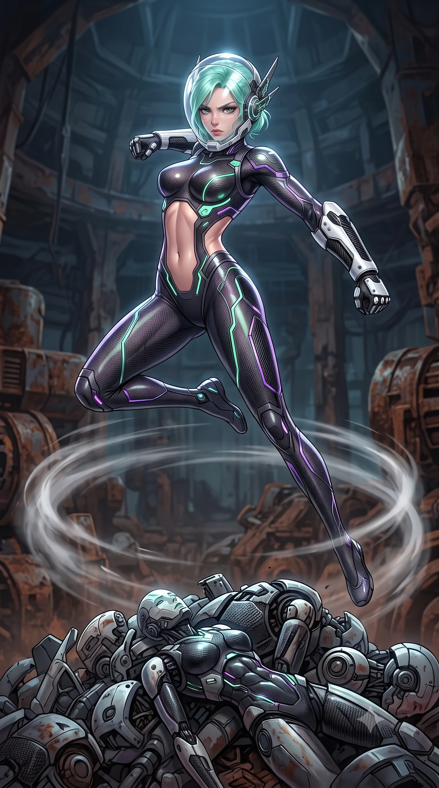 score_9, masterpiece, best quality, ultra-detailed, high-budget anime keyframe, semi-realistic 3D game render, editorial fashion photography, tasteful artistic composition, Japanese woman. low angle full-body shot from head to toe showing her feet, filling the entire 9:16 vertical frame with her statuesque presence, stretching her vertical silhouette. leaping into mid-air with an athletic yet alluring arch of her spine, driving a downward kinetic strike surrounded by a ring of displaced air while standing poised atop a mountain of discarded cybernetic android chassis in a vast subterranean industrial cavern. The surrounding environment is rendered in vivid detail and crisp panoramic clarity. sharp ear-sensor crown LED filaments, detailed carbon armor weave, and rusted machine textures in deep focus. She has an absolutely perfect, statuesque 8.5-heads proportion, an exceptionally tall and slender model-like female figure with impossibly long slender legs, a toned flat midriff, and an ultra-slim waist. sharp v-shaped jawline, high-bridge nose, intricate jewel-like eyes with depth, thick eyelashes, glossy lips with a natural sheen, fierce and resolute heroine expression, flawlessly proportioned anatomical accuracy, strict slender model proportions, natural body alignment, perfectly sculpted long slender limbs, ultra-slim waistline, clean dynamic posture without body distortion. wearing a crystal-clear transparent armored riot-visor helmet showing her entire beautiful face and determined expression with pristine clarity, paired with a skin-tight dark carbon-weave combat bodysuit with glowing neon energy conduits and reinforced Damascus-pattern forearm strike guards in monochrome white enamel carbon with high-contrast black tactical panels, crafted from semi-translucent cybernetic carbon-vinyl interwoven with glowing micro-filaments, featuring a sleek aerodynamic collar framed by subtle glowing cybernetic status LEDs, the glove-like aerodynamic second-skin fit tightly clinging to her ultra-slender waist and athletic curves without adding bulk, accentuating her razor-sharp statuesque lines and slim hourglass silhouette. illuminated by crisp specular highlights tracing her sculpted flat midriff, bare spine, and slender limbs. rich saturated anime colors with glowing neon highlights, detailed shading with soft gradients, rich glossy textures, high-contrast stereoscopic depth, volumetric dynamic lighting, master piece, 9:16 ratio